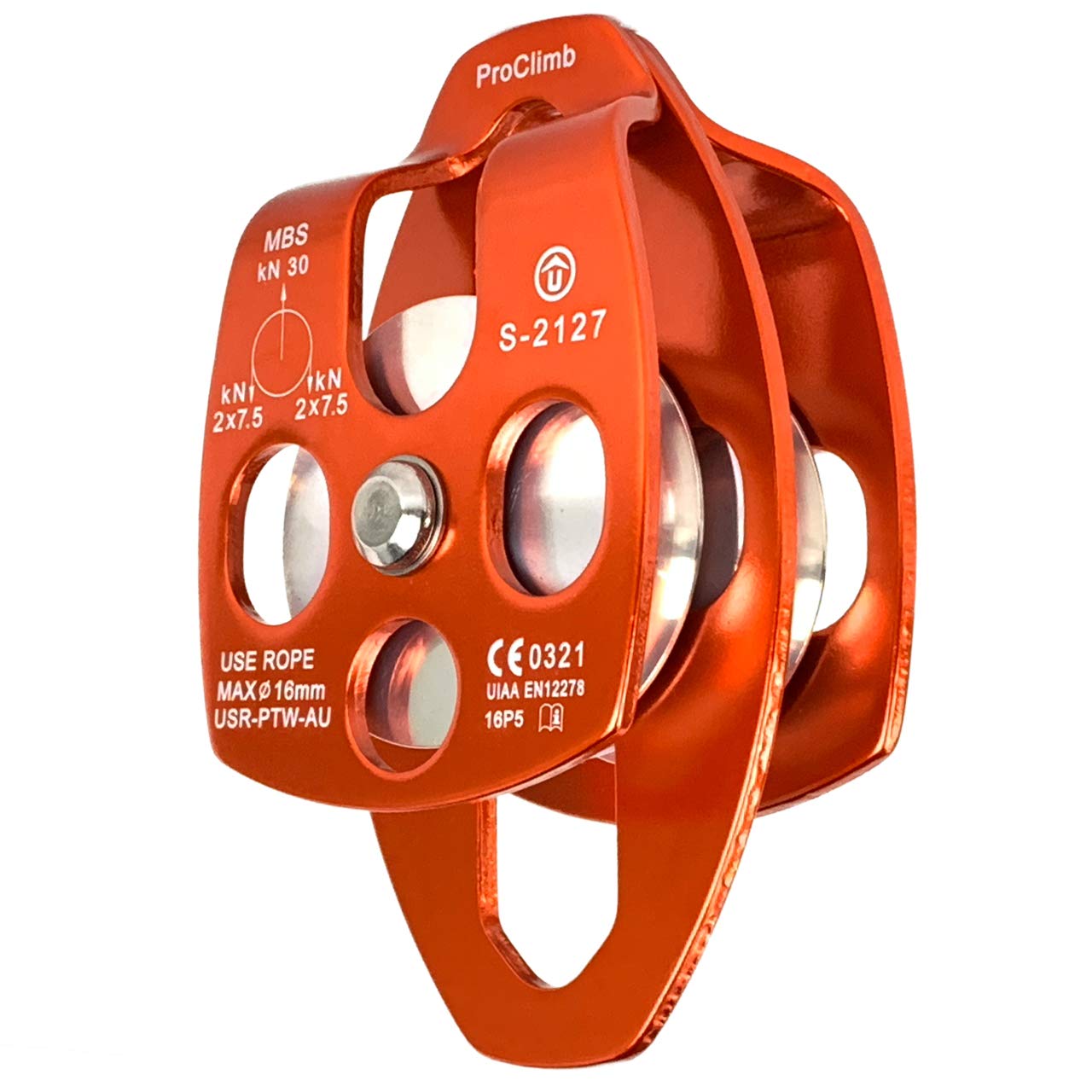 ProClimb 30kN Aluminum Rope Pulley with Swing Plate - CE/UIAA Certified, Double Sheave (Orange) - 5/8" Rope