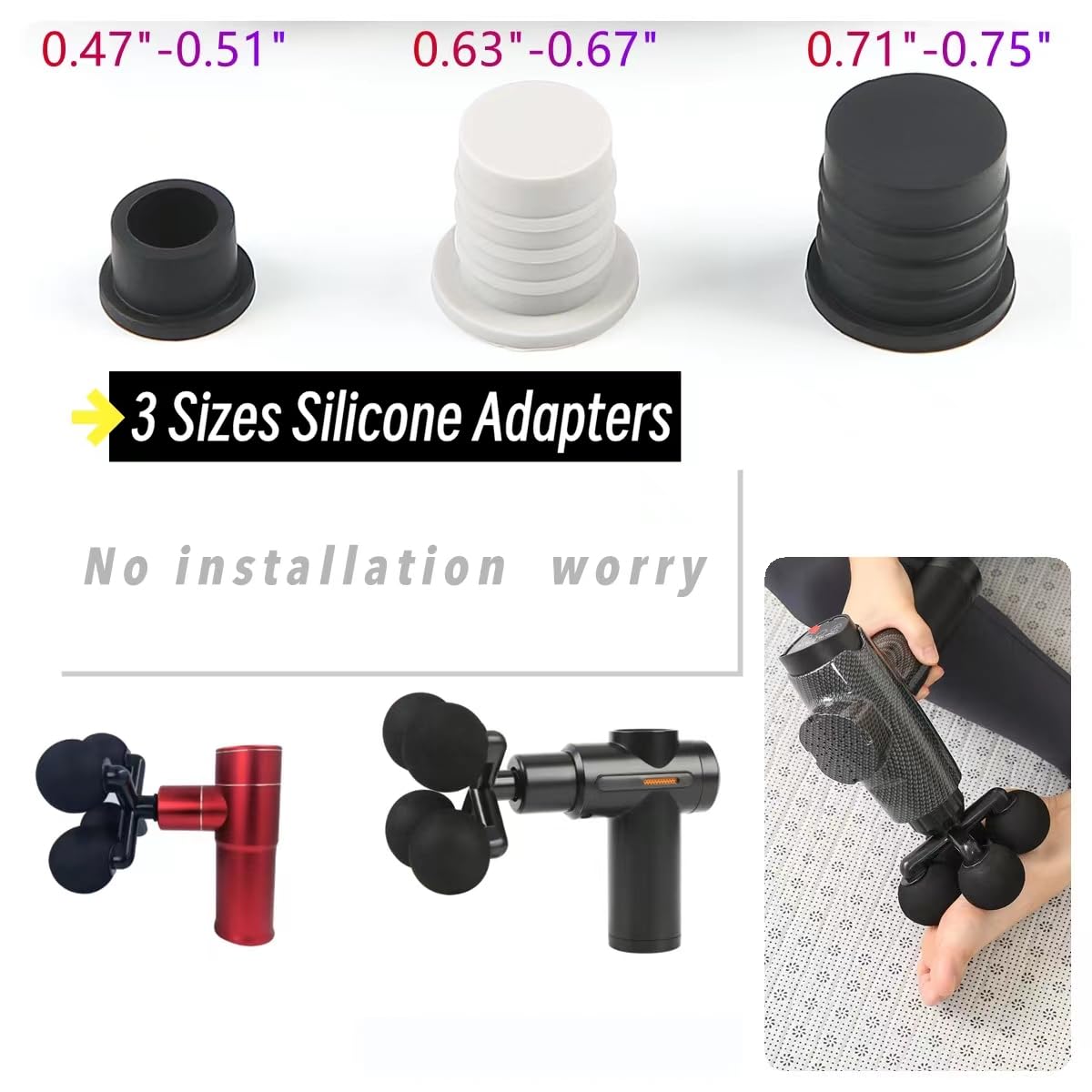 Falafale Massager Head with 4 Round Balls Massage Gun Soft Heads Replacement 4 Balls Massage Head with 3 Sizes Silicone Adapters