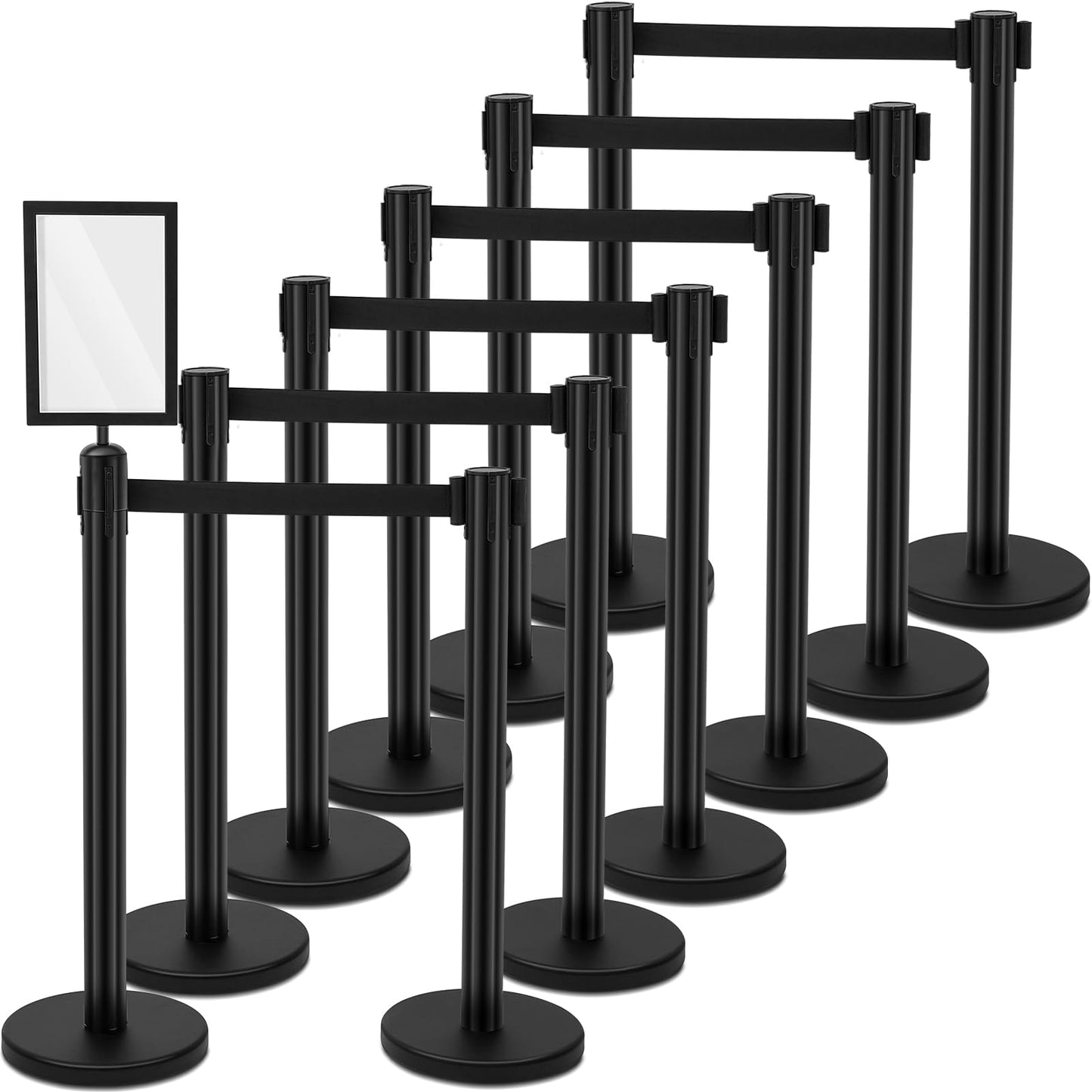 Geelin 12 Pack Heavy Duty Crowd Control Stanchions Stainless Steel Stanchion Set with Safety Barrier Post with Retractable Belt and Sign Holder Crowd Control Barrier (9.8ft,Black)