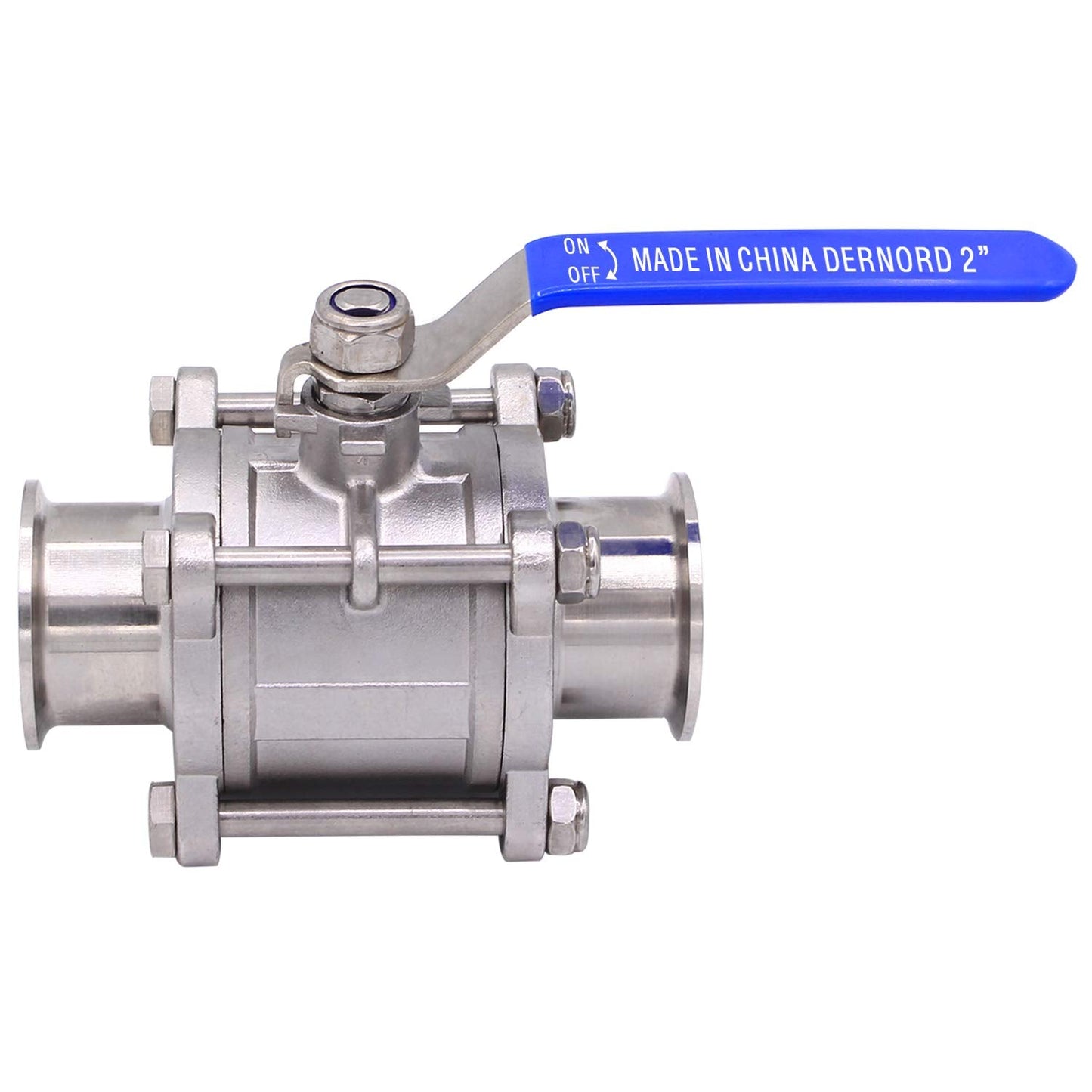 DERNORD 2" Sanitary Ball Valve Fits 2" Tri-Clamp Clover Stainless Steel 304, PTFE Lined, Two Way & Three Piece (2 Inch Tube OD Quick Clamp)