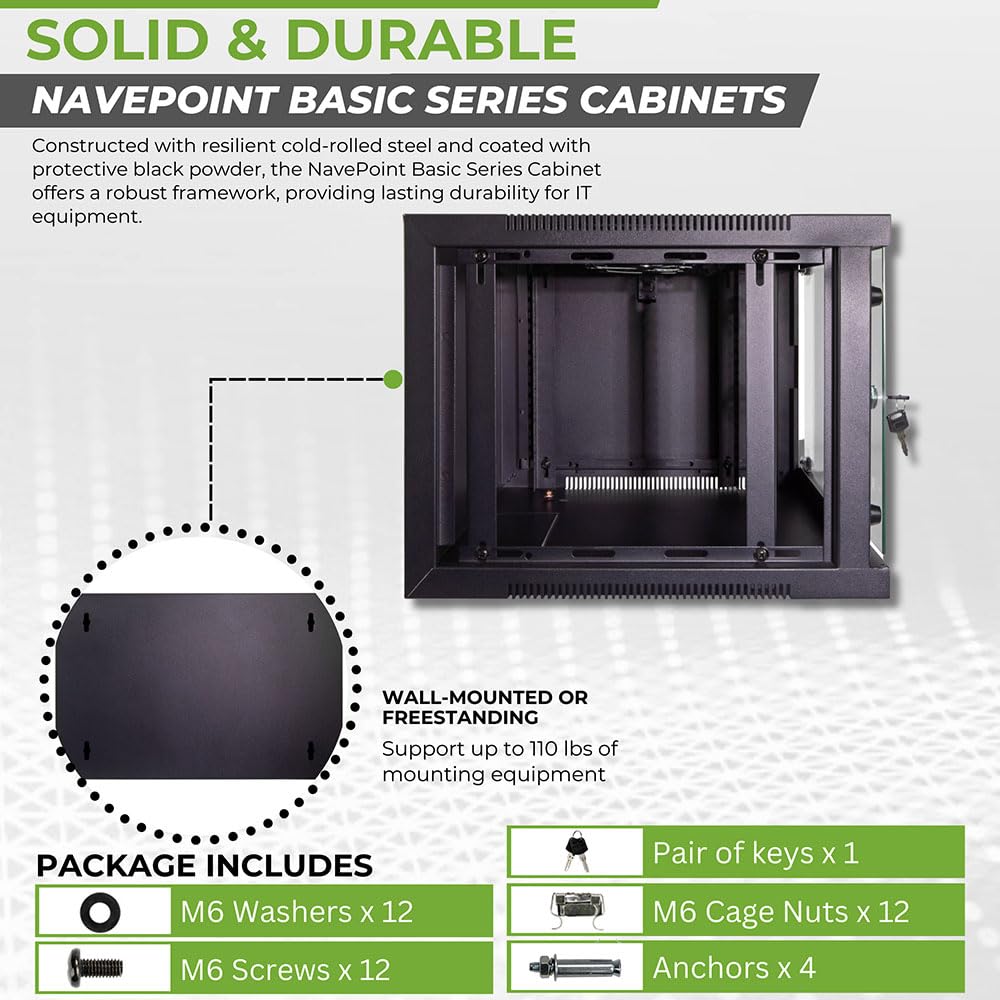 NavePoint 6U Wall Mount Network Cabinet for 19” IT Equipment with Lockable Glass Door & Removable Side Panels, 2 Fans, 17.7” Deep, Pre-Assembled