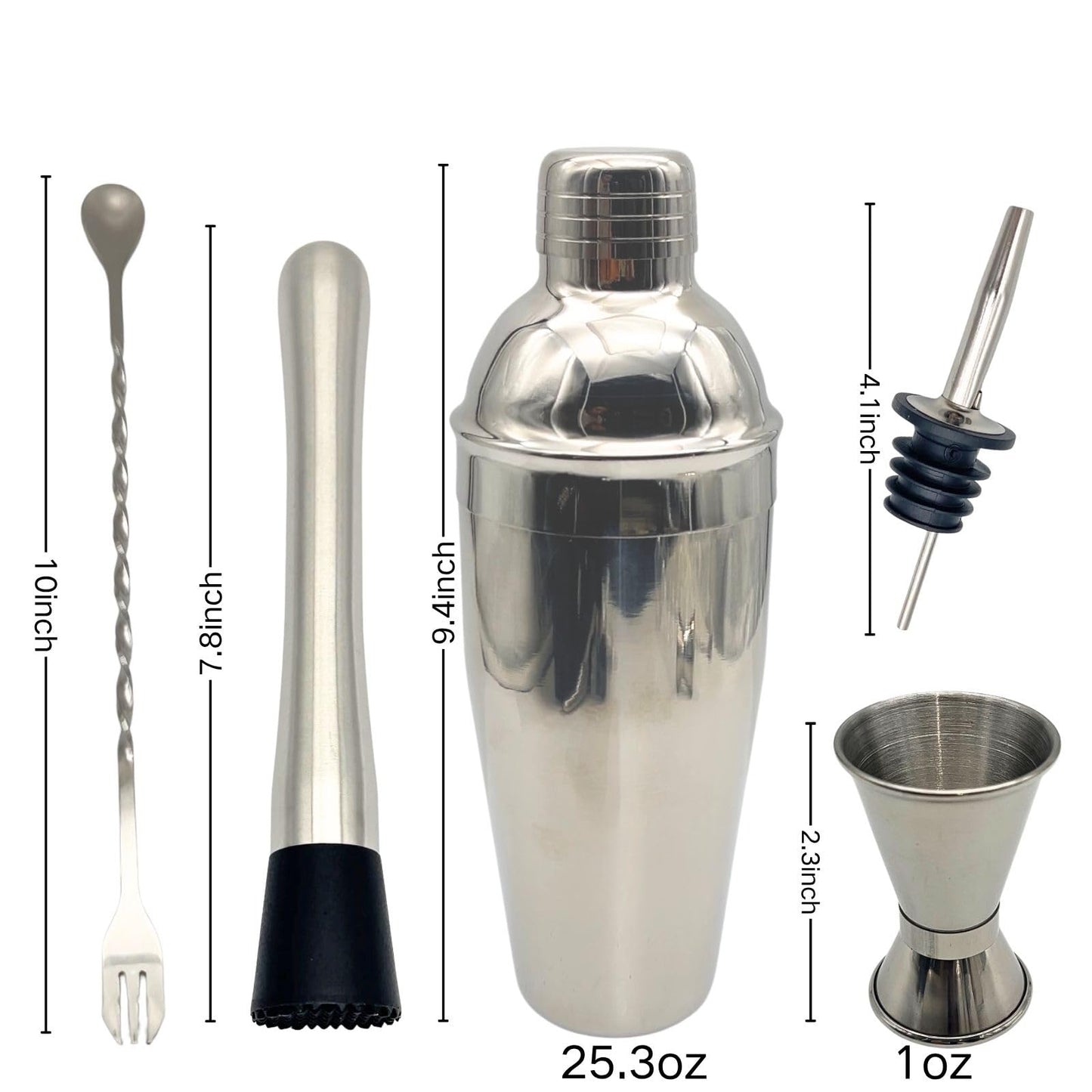 7-Piece Cocktail Shaker Set, Bartender Kit, Home Bar Accessories, Mixing Spoon, Measuring Jigger, Pour Spout, Muddler ，23oz Shaker with Built-in Bartender Strainer，Stainless Steel Bar Set