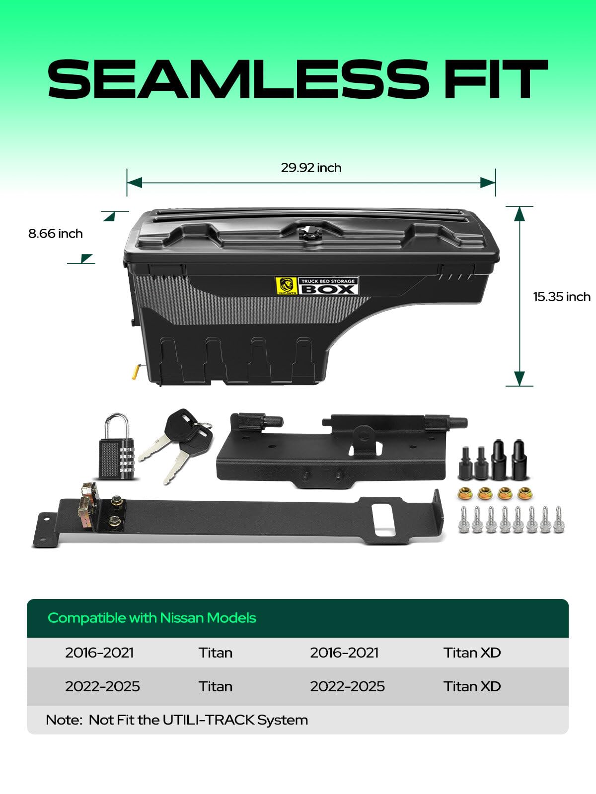 YHTAUTO Truck Bed Storage Tool Box Lockable Compatible with 2016-2023 Nissan Titan & Titan XD, Driver Side, Not Fit the UTILI-TRACK System, Not Fit Titan Box, Swing Waterproof Wheel Well Toolbox