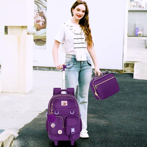 CCJPX 3PCS Rolling Backpack for Girls, Women Roller Bookbag with Lunch Box for Adults, Water Resistant Wheeled School Bag for Teens Kids Travel - Dark Purple