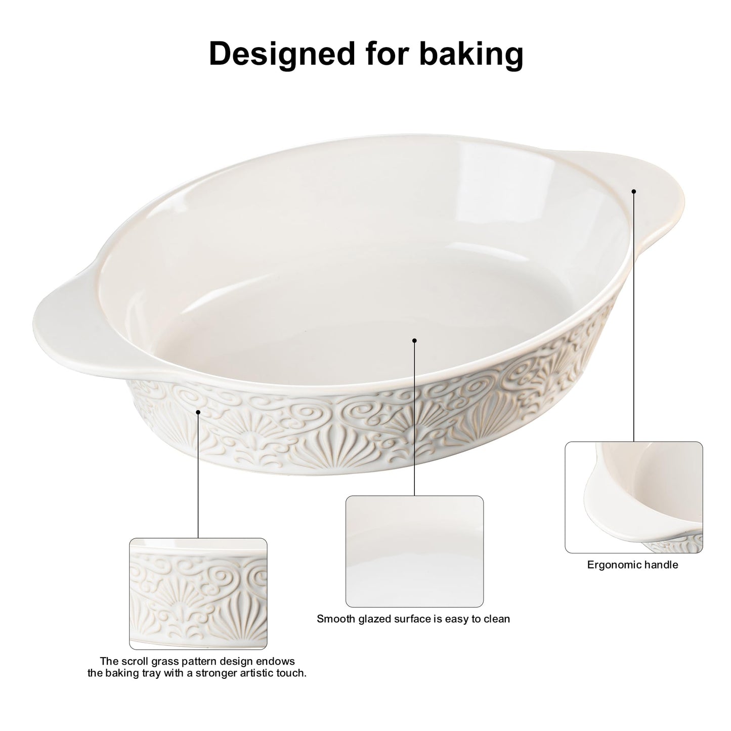 Dafuceramic Casserole Dishes for Oven Sets of 3, Ceramic Oval Baking Dish, Au Gratin Baking Pans with Handles for Roasting, Lasagna, Pie, Baking Meat & Vegetables (Beige White)