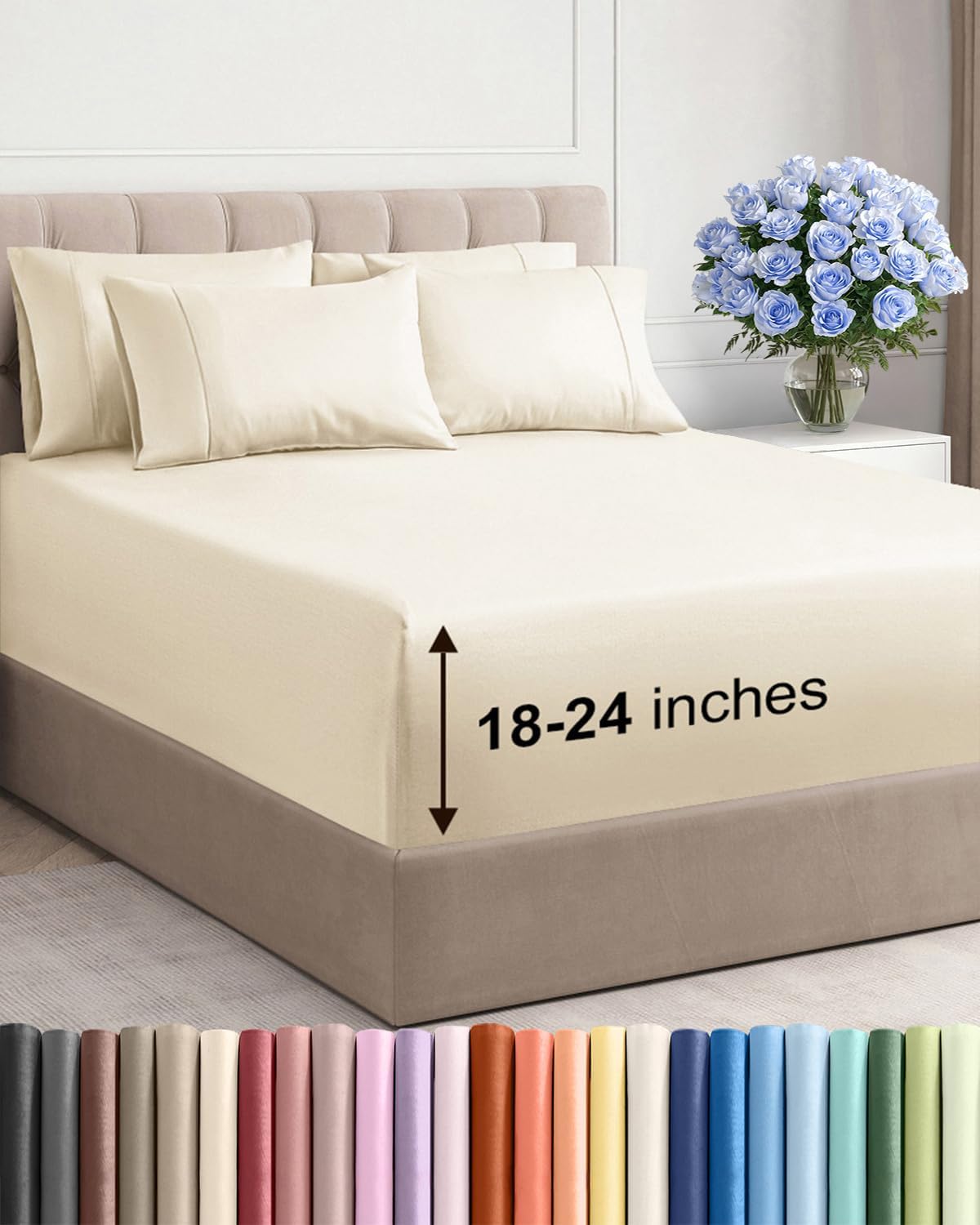Skiennix Extra Deep King Sheet Set - 6 Piece Breathable Cooling Bedding - Soft, Wrinkle-Free Off White