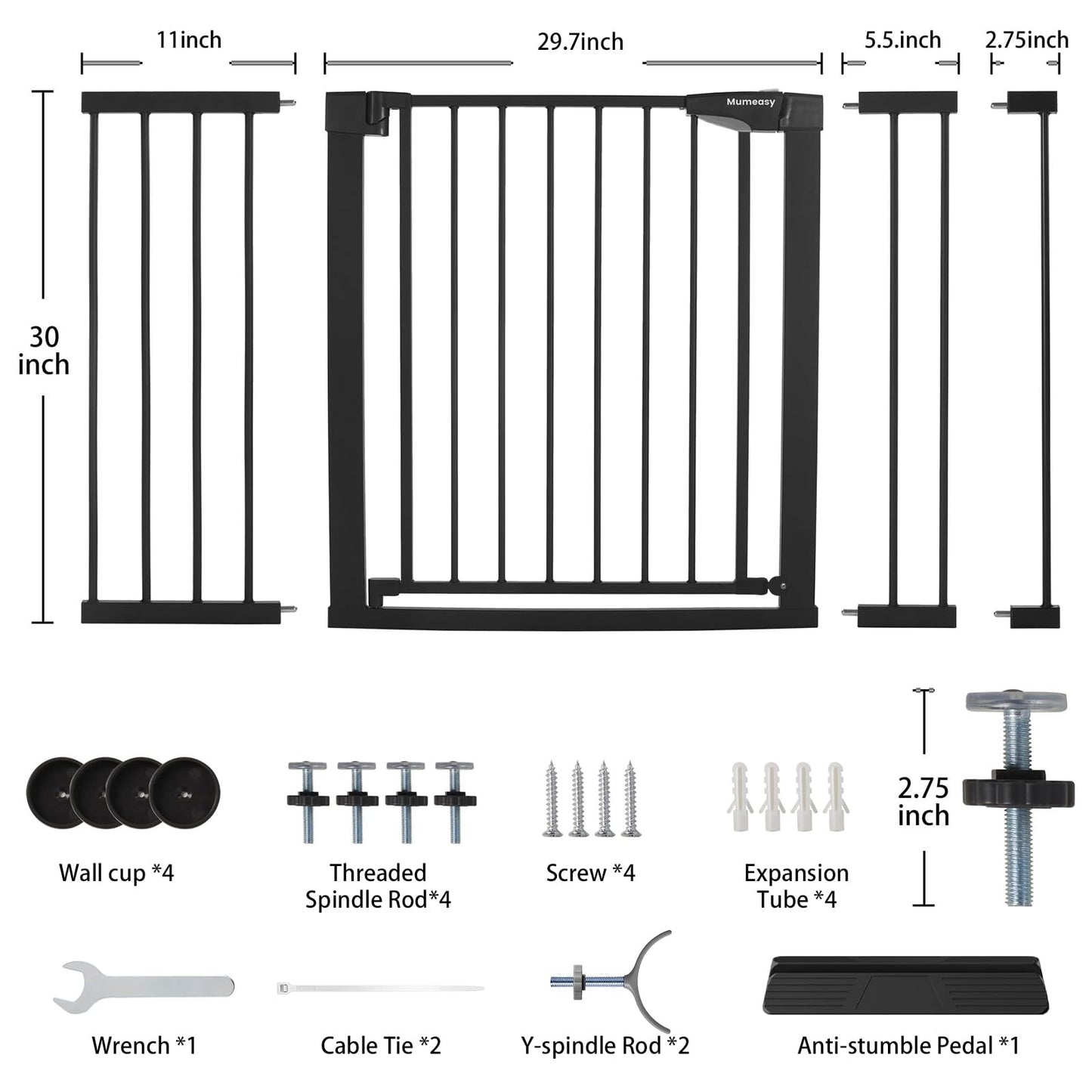 Mumeasy Baby Gate Extra Wide, 29.7-51'' Pressure Mounted Dog Gate with Walk Thru Door, Auto Close Pet Gate for House, Stairs, Doorways,Black