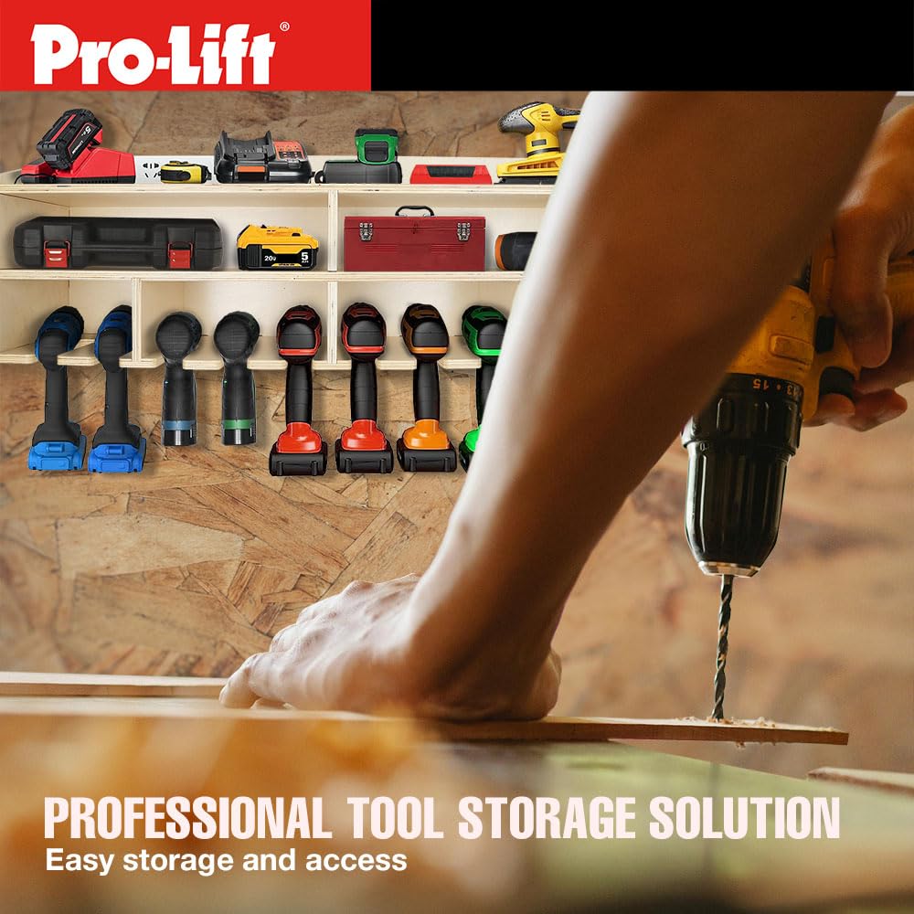 Pro Lift Cordless Drill Organizer – wall mount power tool storage rack, 10 hanging slots, wooden M-005W