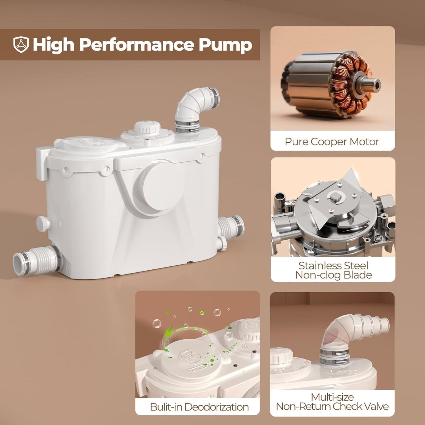 Upflush Macerating Toilet, Two Piece Elongated Tall Toilet with 4 Inlets Macerator Pump for Residential Basement Toilet, Sink, Shower Wastewater Disposal, Auto Start & Stop, Sewage Grinder System