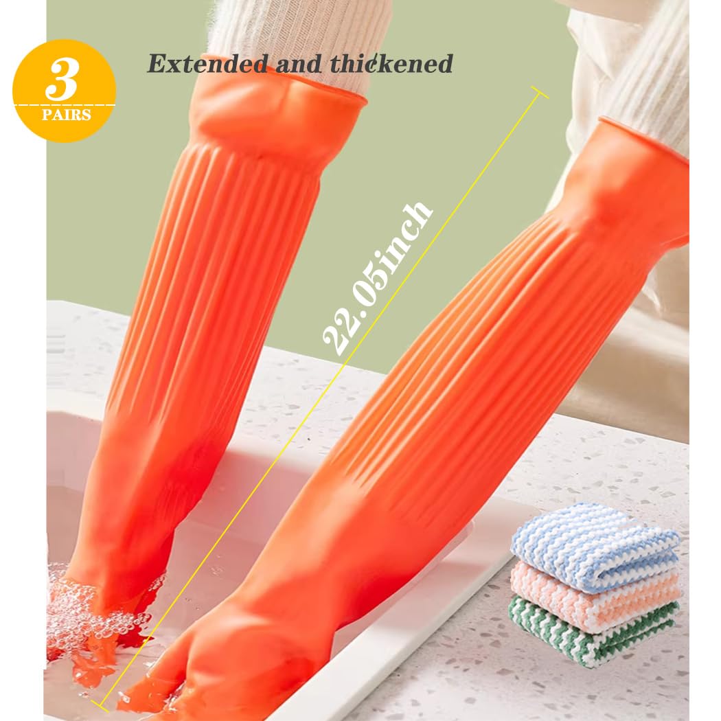 Vsootal 3 Pairs Household Extra Long Kitchen Gloves for Washing Dishes，20.05inches Rubber Cleaning Gloves，Reusable Latex Living Wash Gloves，Long Sleeves(Large, Red)