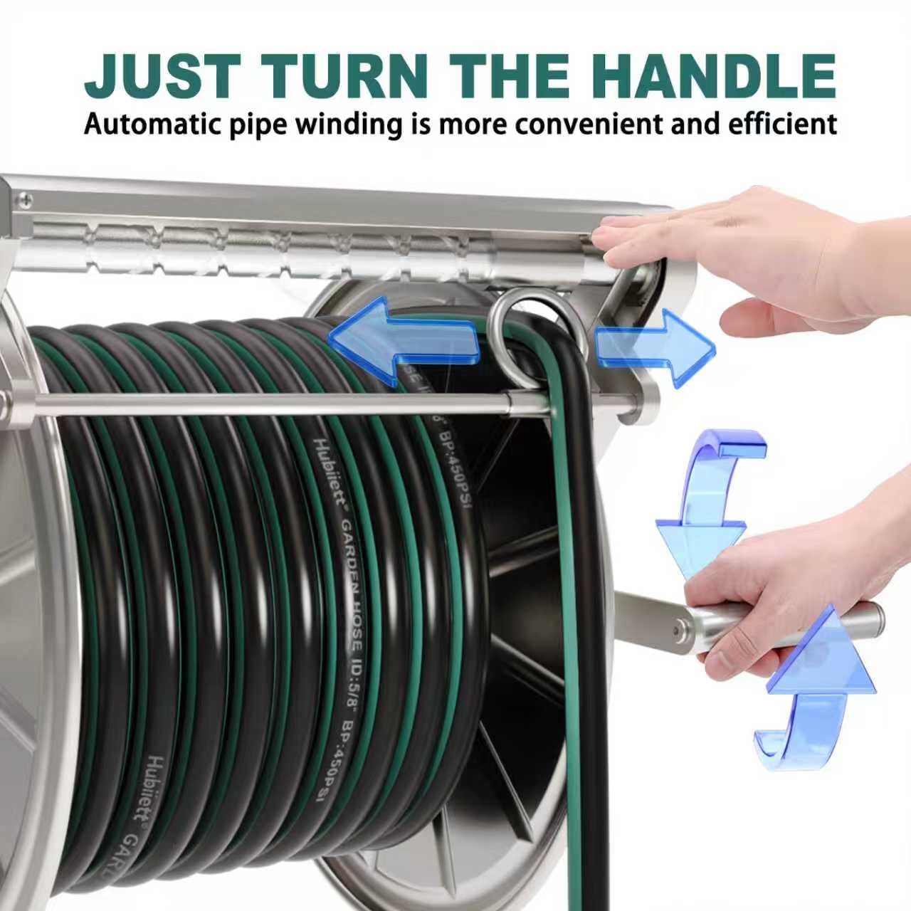 Stainless Steel Garden Hose Reel Heavy Duty, Wall Mount Water Hose Holder, 150 Feet of 5/8 Inch Hoses Capacity, Hose Reels with 5 ft Inlet Hose for Outside, Lawn, Yard, Garage