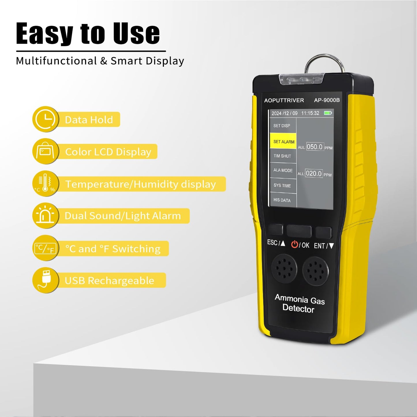 Indoor Air Quality Monitor,Ammonia Gas Detector 0~100 PPM NH3 Monitor| Farm, Poultry, Pig & Livestock,Large LCD Display, Sound & Light Dual Alarms AP-9000B