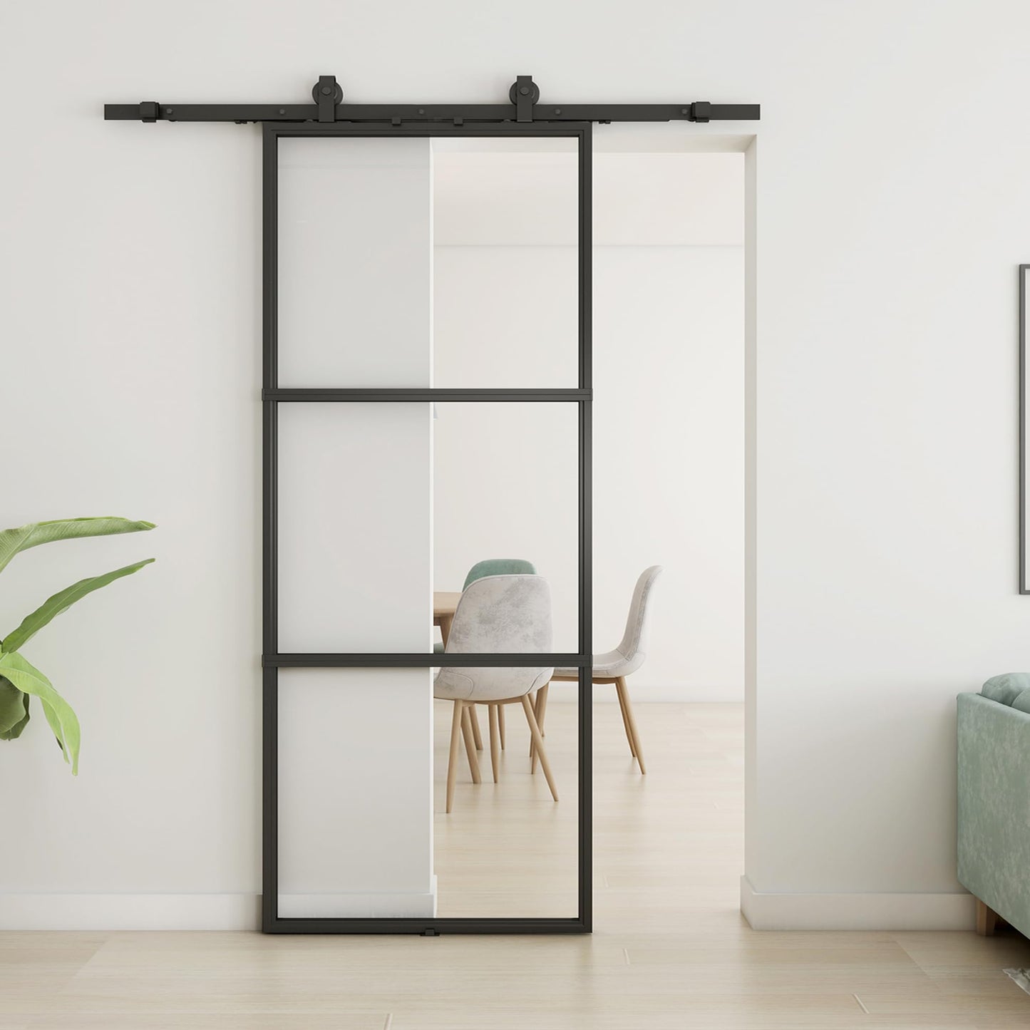 JUBEST 42in x 96in Glass Barn Door, Clear Tempered Glass Carbon Steel Pre Drilled Frame Sliding Barn Door Panel with 7FT Hardware Kit and Soft Close, Easy to Install