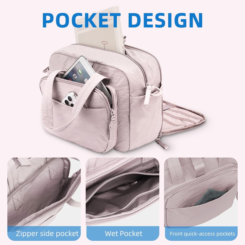 Geelraqaly mini gym bag for women, travel duffel bag with wet pockets and Shoe Compartment,Lightweight carry on weekender duffel, water resistant,for sports,yoga,dance,pink