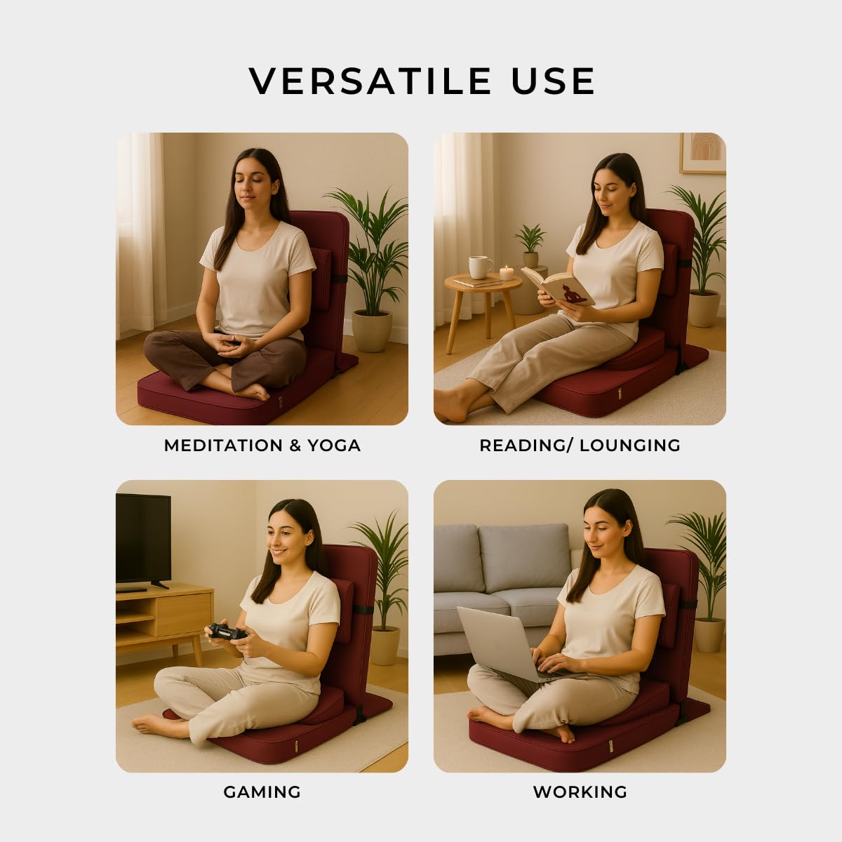 Friends of Meditation Relaxing Buddha Meditation Chair | Detachable Rectangular Back Support & Zafu Cushion | Portable Folding Chair | Floor Chair with Back Support | Yoga Chairs for Adults | Maroon