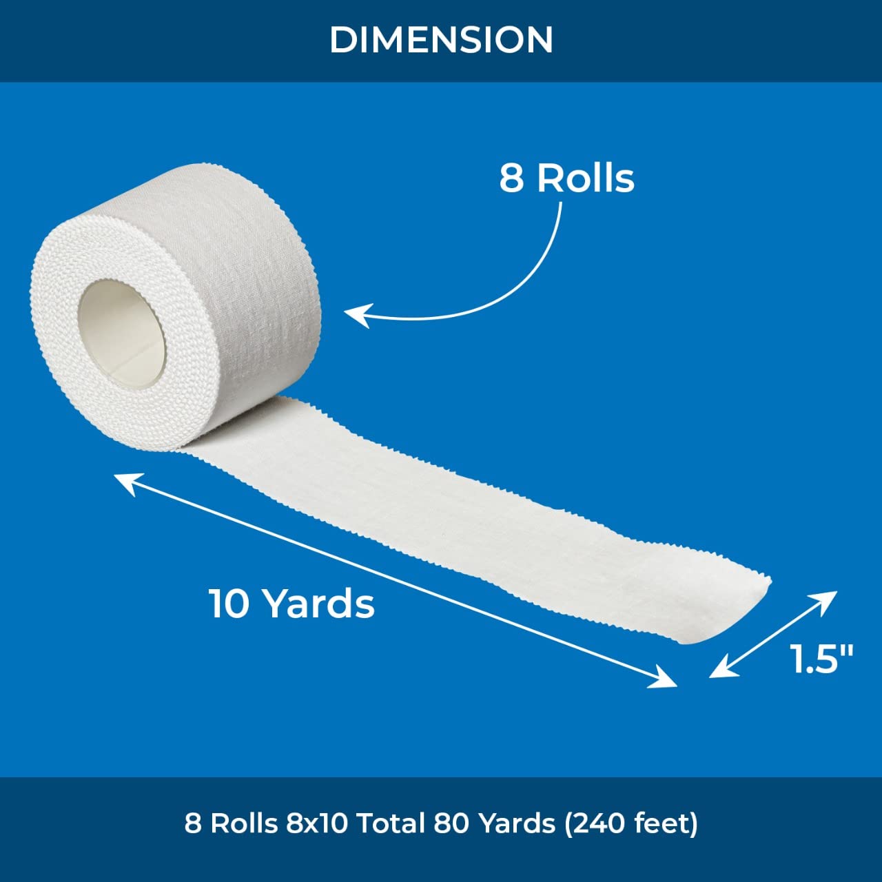 Affordtex Athletic Sports Tape – 8 Adhesive Rolls -No-Sticky Residue – White Medical Tape - Sport Tape -Skin Friendly Athletic Tape 1.5" x 10 Yards for Athletes, Coaches, Amateurs (8, White)