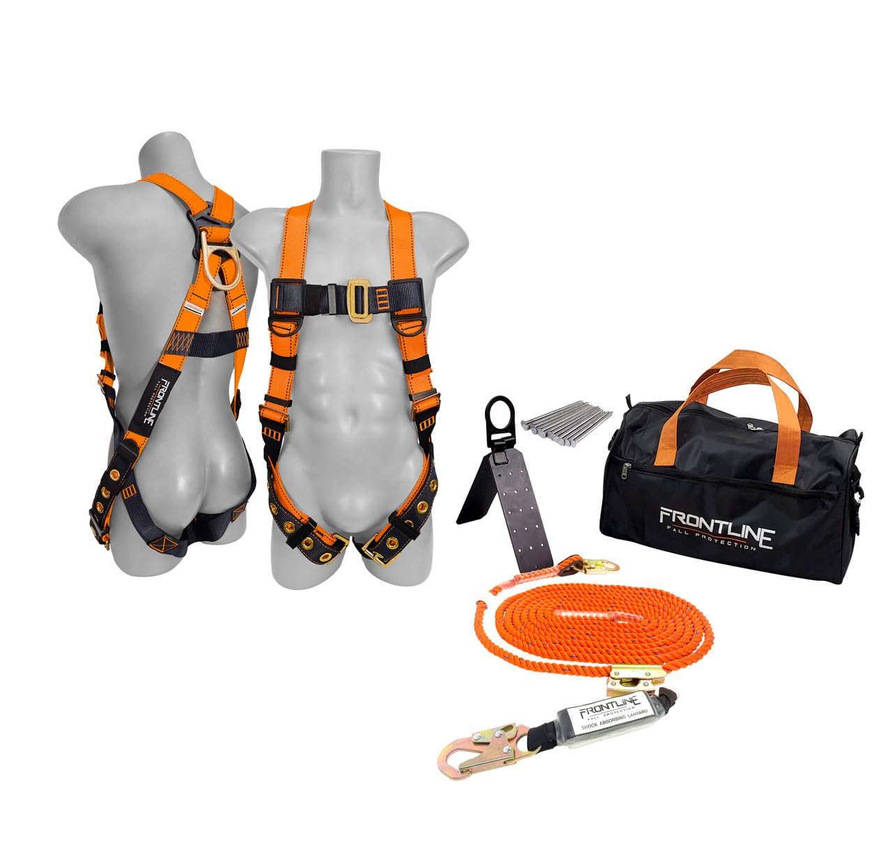Frontline Combat™ Complete Roofers Kit | Includes Combat Harness, Roof Anchor, Vertical Lifeline with Rope Grab, & Duffel Bag | High-Visibility Orange | Universal Fit | ANSI & OSHA Compliant.
