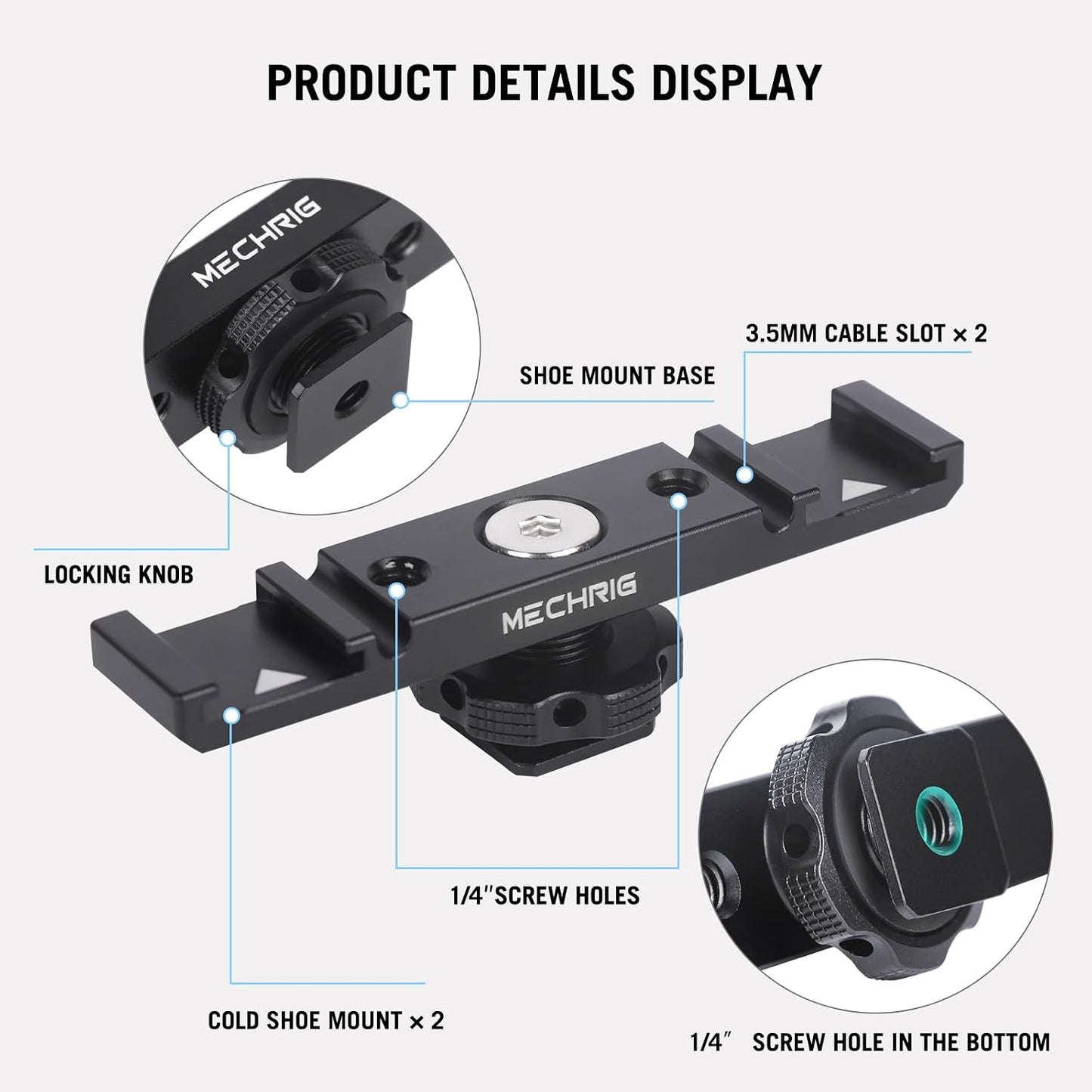 Mechrig 1/4" (62034) Dual Cold Shoe Extension Bar Mount, Aluminum Dual Hot Shoe Mount Bracket with Thread & Cable Slot