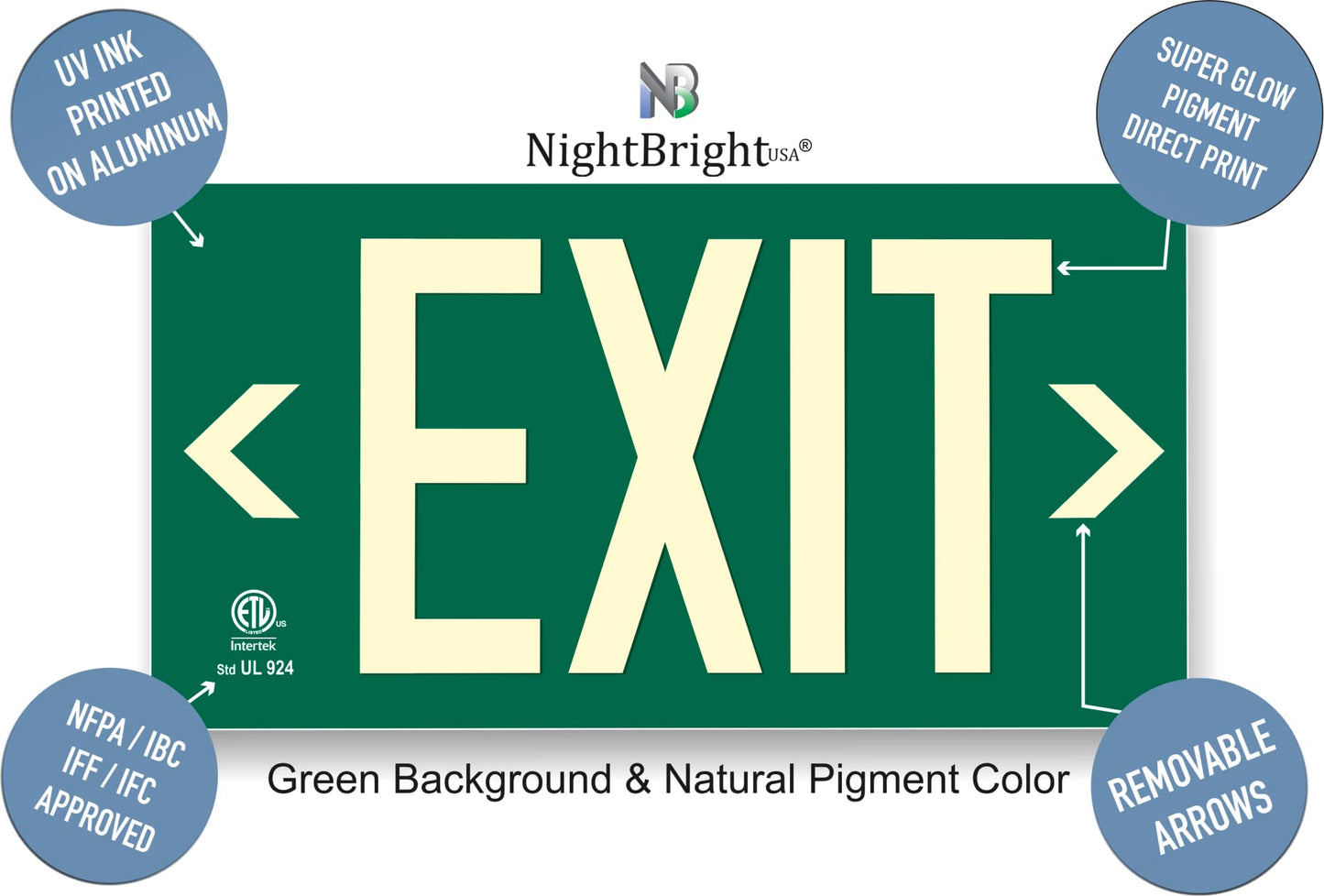 Photoluminescent Exit Sign Green - Pack of 2 - Aluminum - UL 924 Code Approved/IBC/NFPA 101 / NightBright USA Part Number ULG-050 II