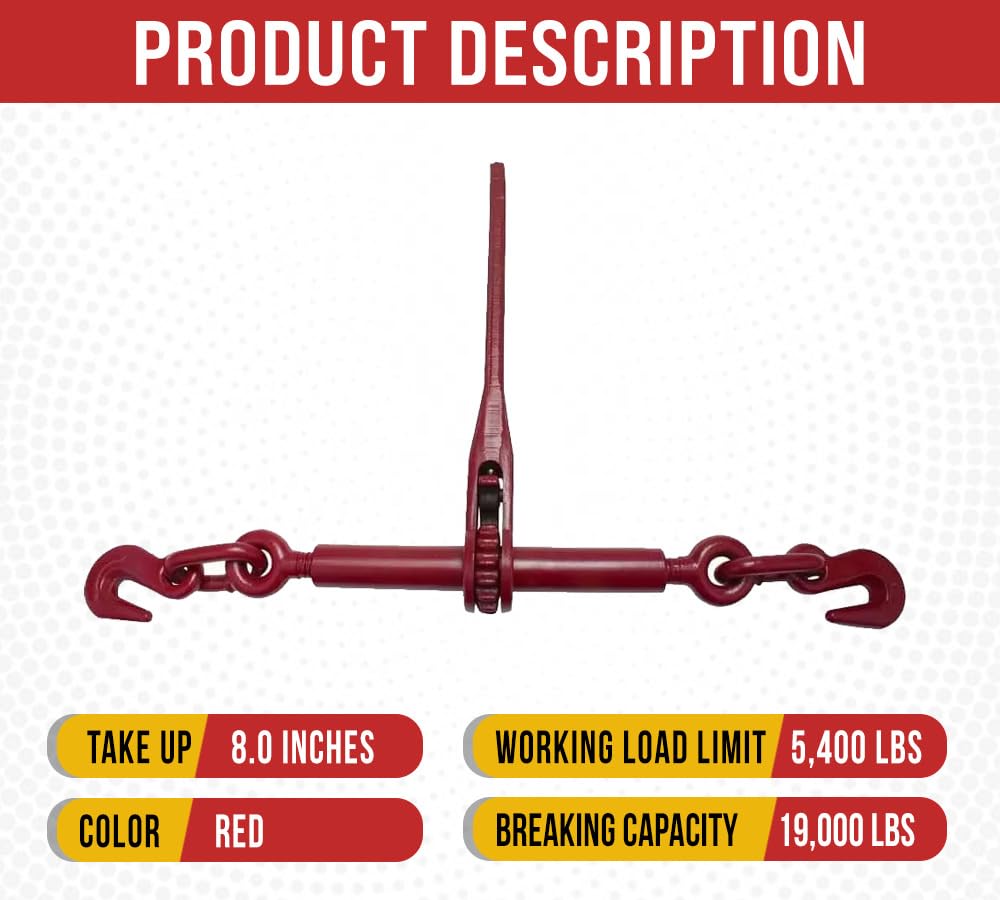 (4 Pack) Mytee Products 5/16"-3/8" Heavy Duty Ratchet Chain Binder w/Grab Hooks 5,400 Lbs Working Load Limit | Tie Down Hauling Chain Binders for Flatbed Truck Trailer