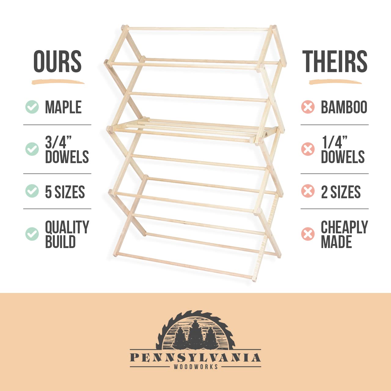 Pennsylvania Woodworks Clothes Drying Rack: Solid Maple Hard Wood Laundry Rack for Blankets, Towels, Bedding & More, Heavy Duty Folding Drying Rack, Made in USA, No Assembly Needed, XXLarge