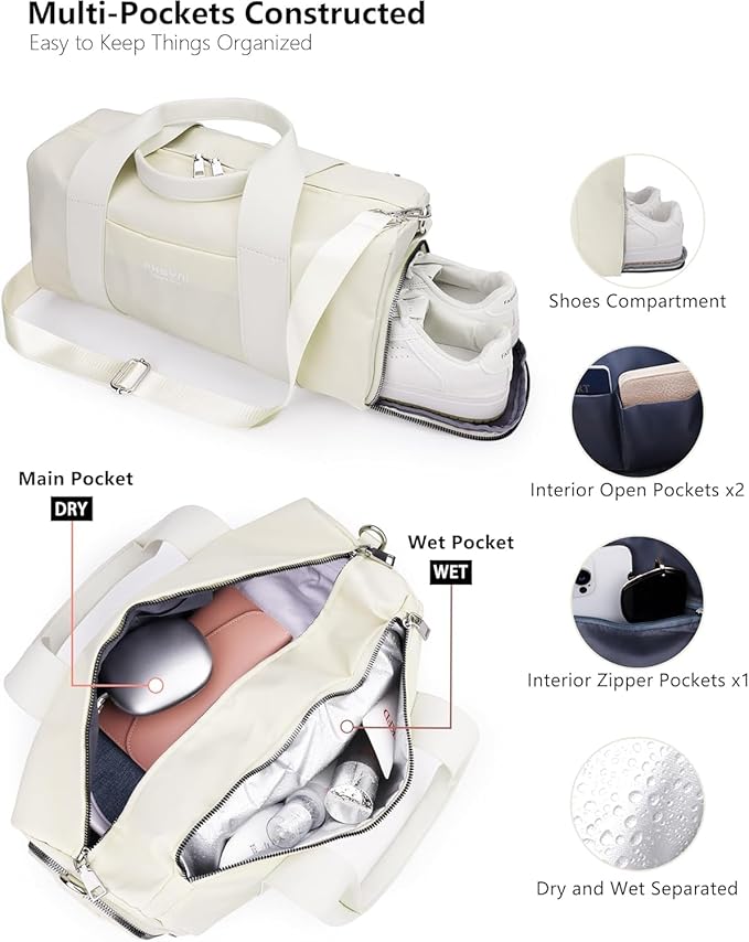 Compact Sports Gym Bag for Women, Cute Mini Duffle Bag with Wet Pocket & Shoes Compartment, Personal Item Travel Workout Bag, 16"-Small, Beige