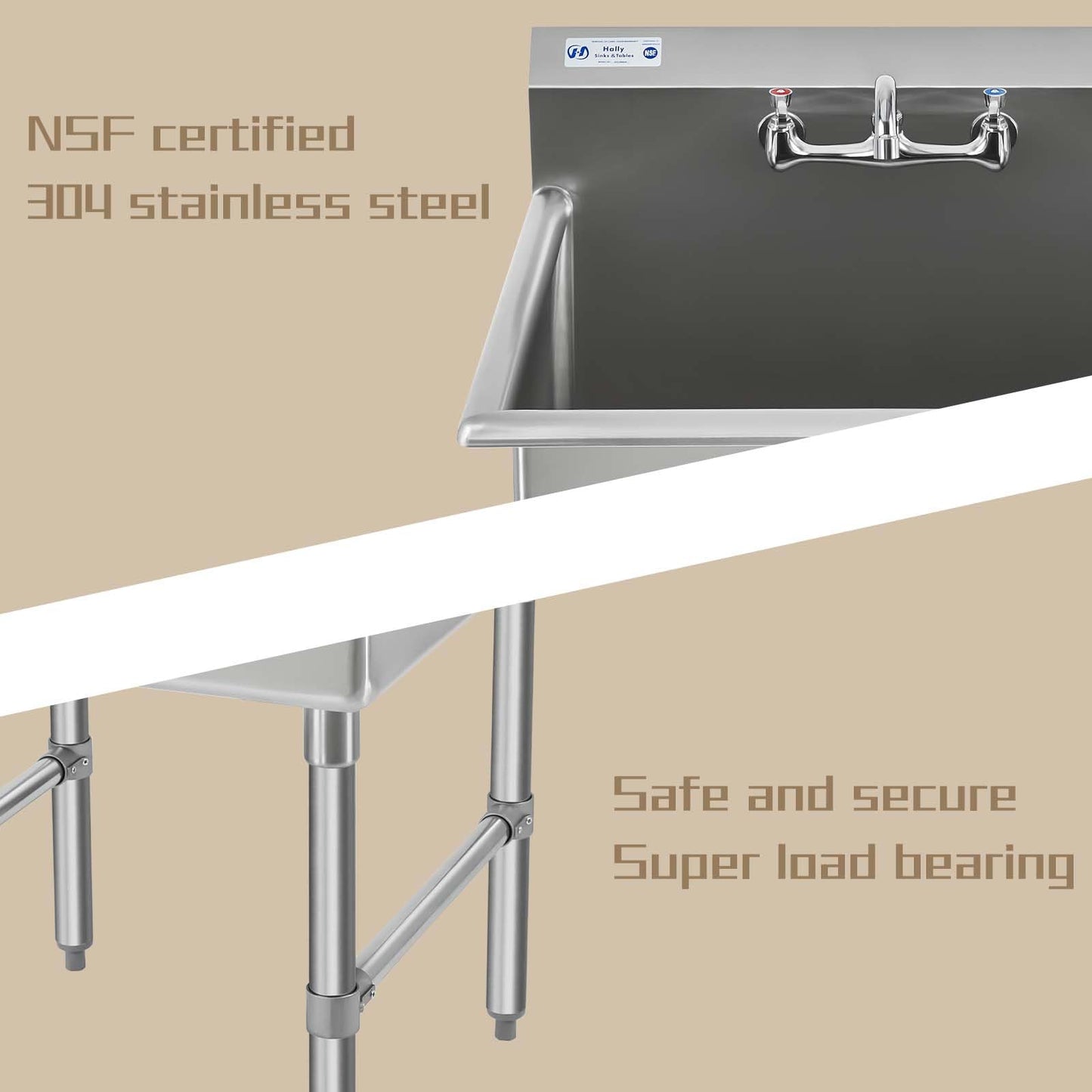 HALLY Commercial Stainless Steel Sink 1 Compartment NSF Prep & Utility Sink with 8" Faucet 15" L x 15" W x 12" D Bowl for Bar, Restaurant, Kitchen, Hotel and Home