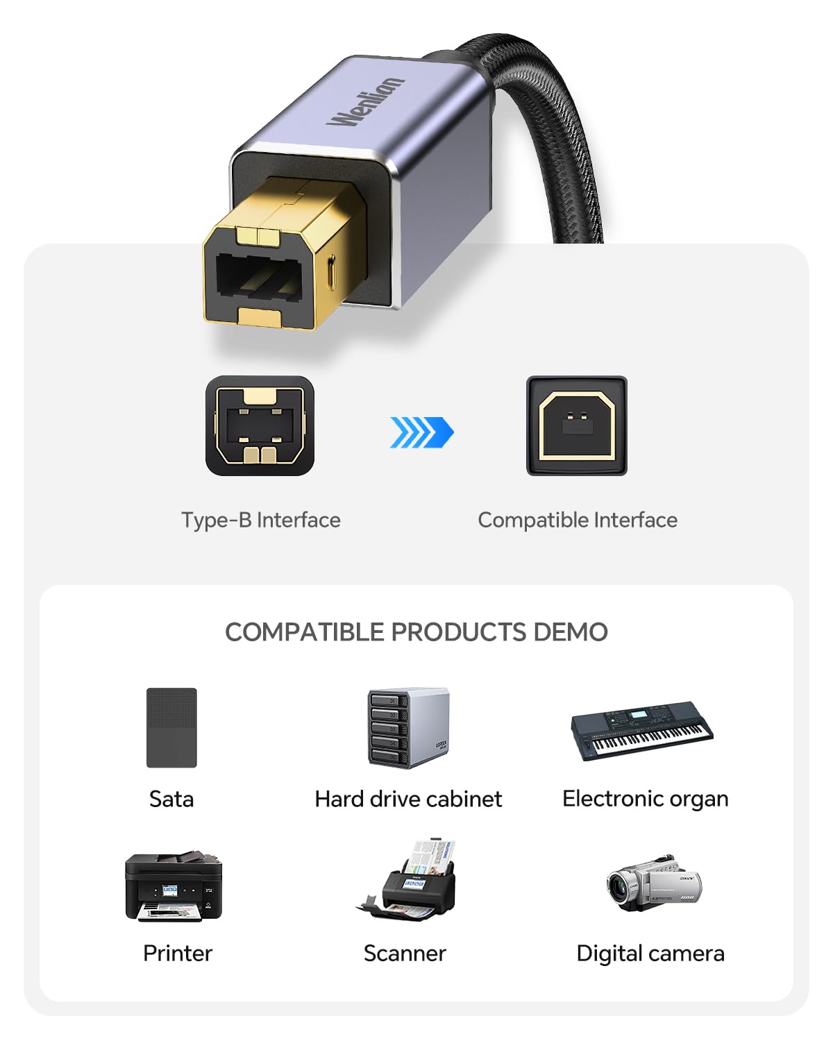 10ft 2.0 USB Printer Cable, USB A to B Cable with Ferrite Bead, Gold-Plated Connector, Nylon Braided Cord Compatible