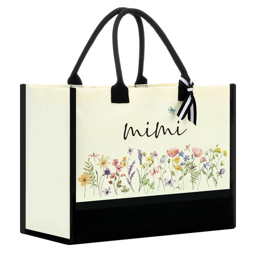 CYZCYZ Mimi Gifts Gifts for Mimi Grandma Practical Gift for Grandma Canvas Tote Bag Ideas First Time for Women Birthday Christmas Flower Reusable Beach Bag Shopping Bags