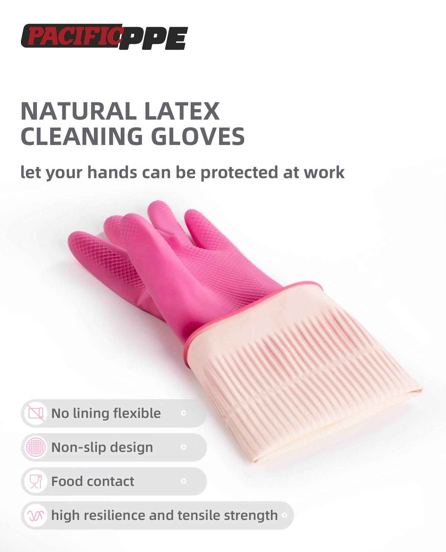 PACIFIC 2 Pairs Reusable Rubber Gloves for Washing Dishes and Cleaning Tasks, Water Resistant Household Gloves for Kitchen Bathroom, Grippy Latex Dish Washing, Pink, Small