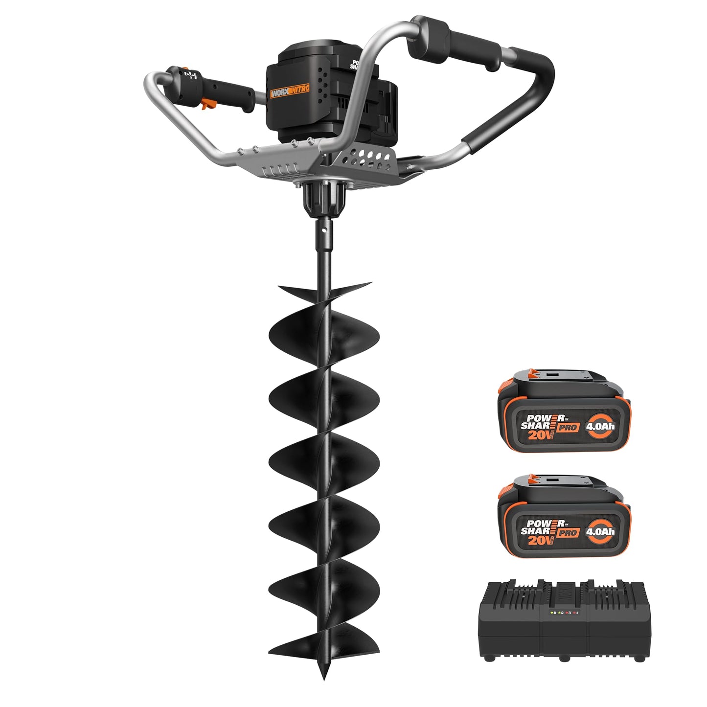 WORX Nitro 40V Brushless Cordless Earth Auger, Electric Post Hole Digger for Fence Posts with Drill Bit 8'', for Garden & Plant, Equivalent to a 45 CC Gas-Auger, Battery and Charger Included, WG865