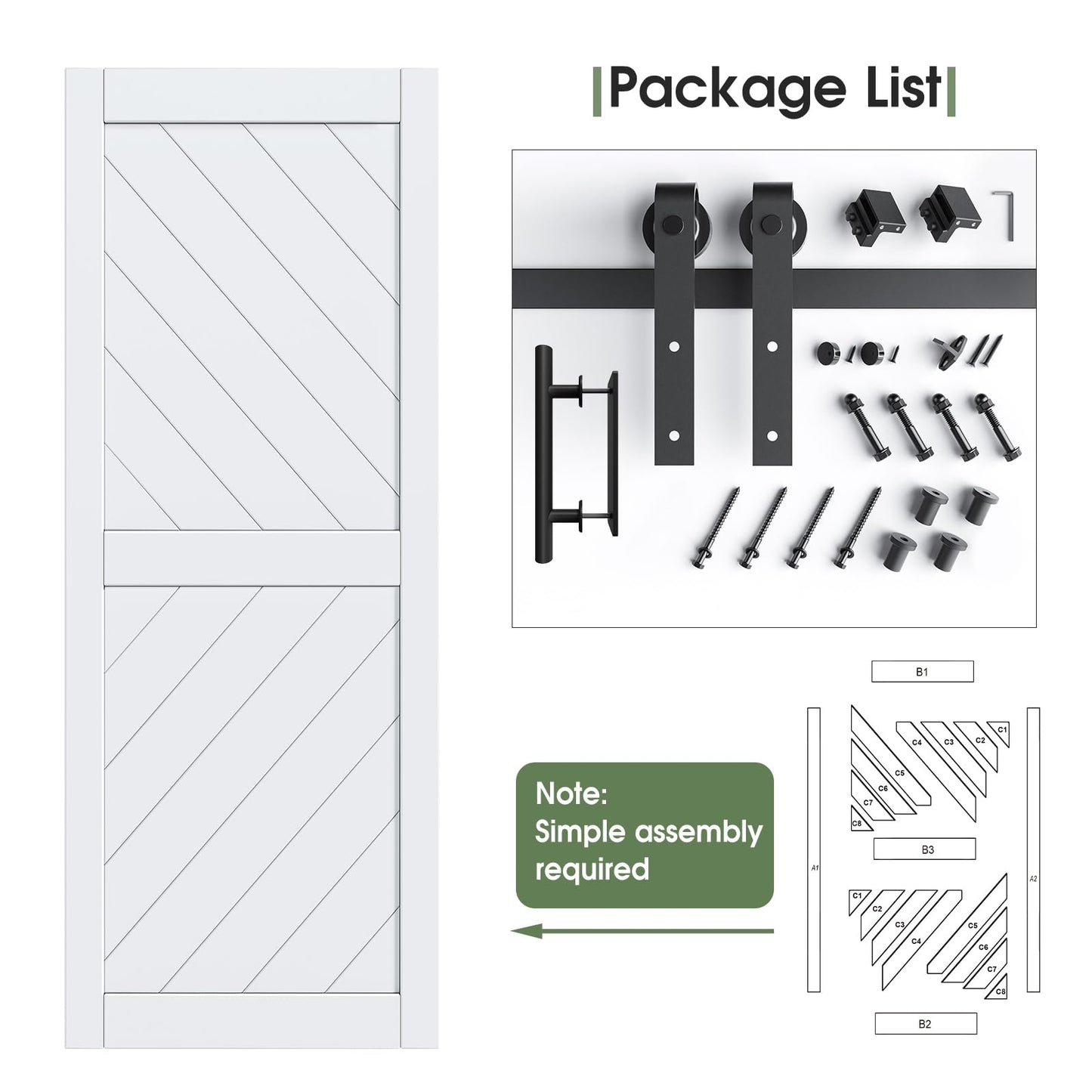 32in x 84in Sliding Barn Door with 5.5FT Barn Door Hardware kit & Handle Included, Solid MDF Wood Slab Covered with Water-Proof & Scratch-Resistant PVC Surface,Simple DIY Assembly,Chevron Pattern