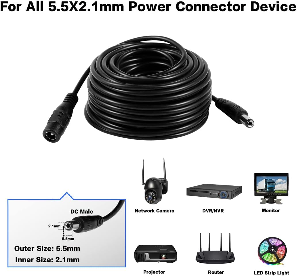 Vanxse 10Meters-33FT 12v 2.1x5.5mm Dc CCTV Power Extension Cable Power Cord for CCTV Security Camera WiFi IP