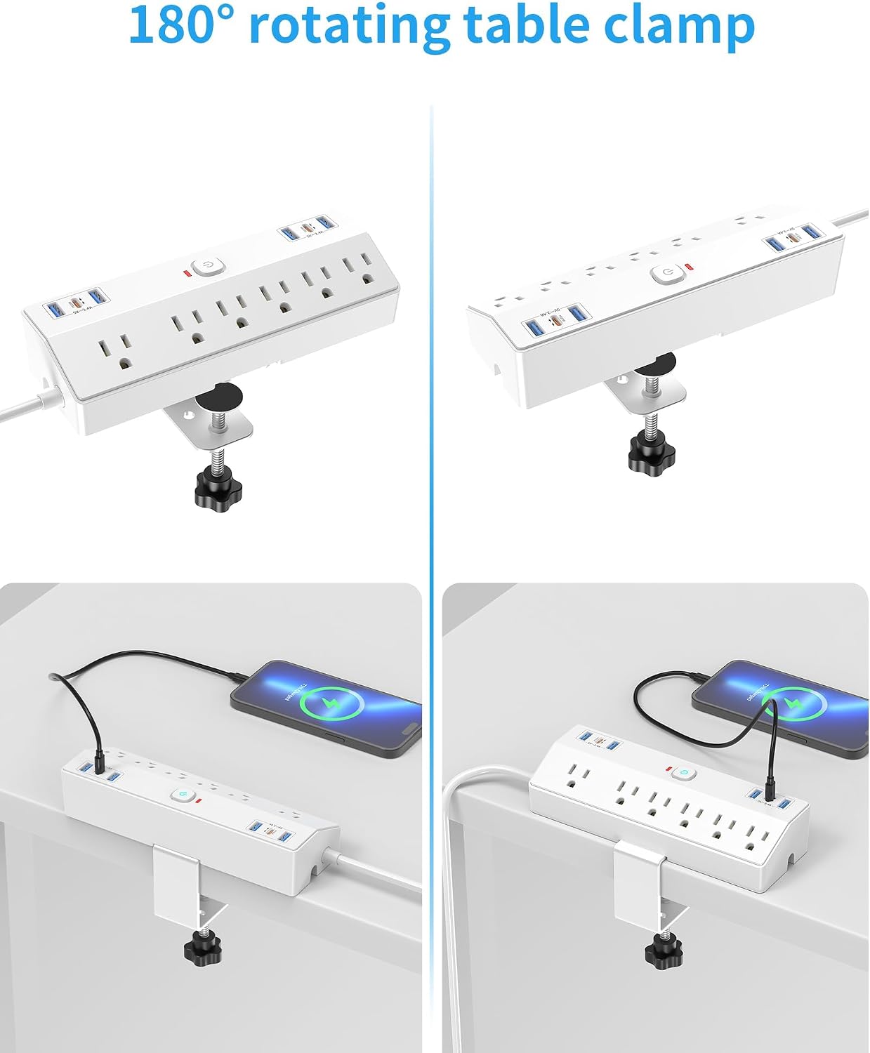 Fararaka 40W 6 6USB (2USB 1.8" 10Ft Desk Clamp Power Strip, Fast Charging Station, Desktop Mount Surge Protect