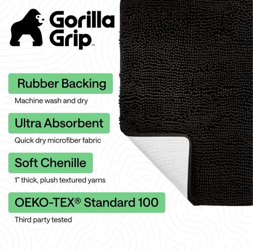 GORILLA GRIP Bath Rug Mat - Soft Absorbent Chenille | Quick Dry Microfiber, 70x24, Black