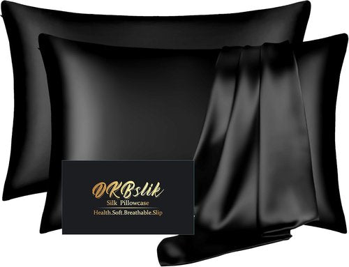 Mulberry Silk Pillowcases by Skiennix - Smooth, Anti-Acne Set of 2 | Standard Size, Black with Zipper
