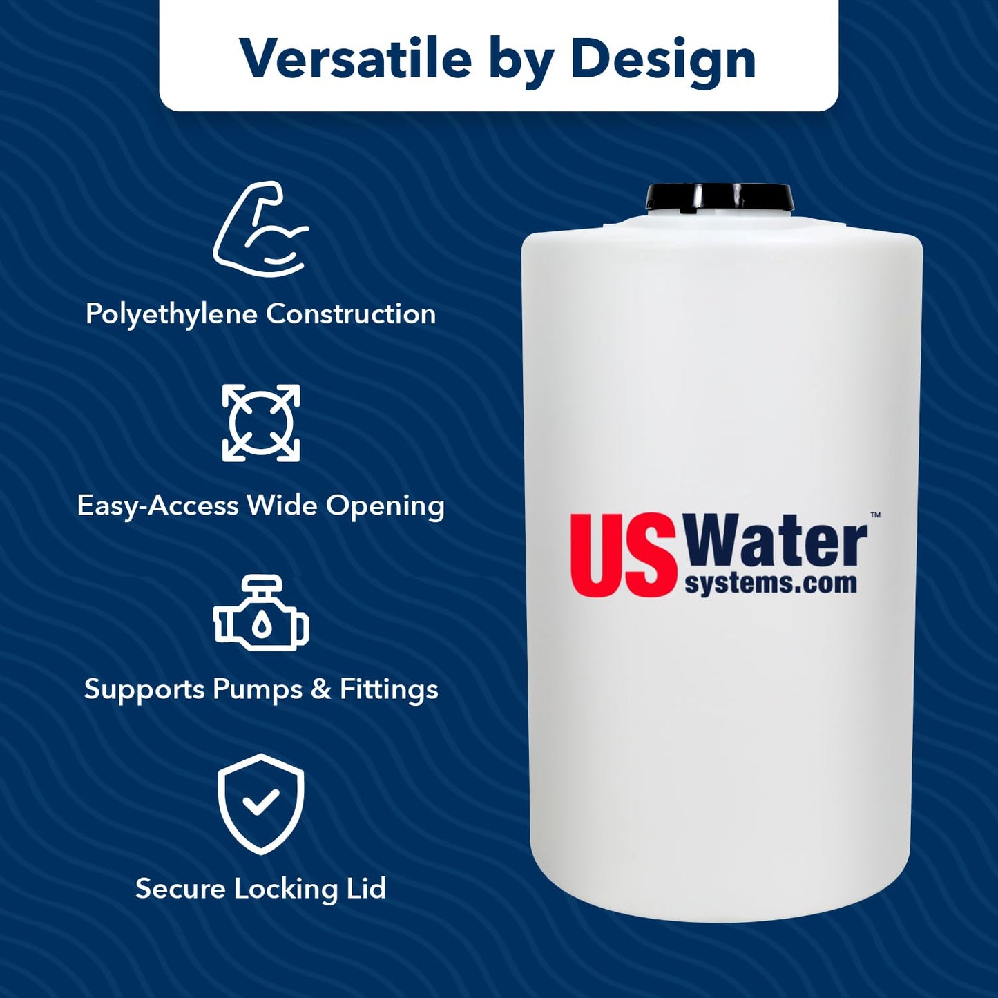 US Water Systems White 35 Gallon Water Tank – Heavy-Duty Polyethylene Container with 110 mm Opening & Locking Lid, Portable Water Storage Tank for Indoor or Outdoor Use, Large Water Reservoir