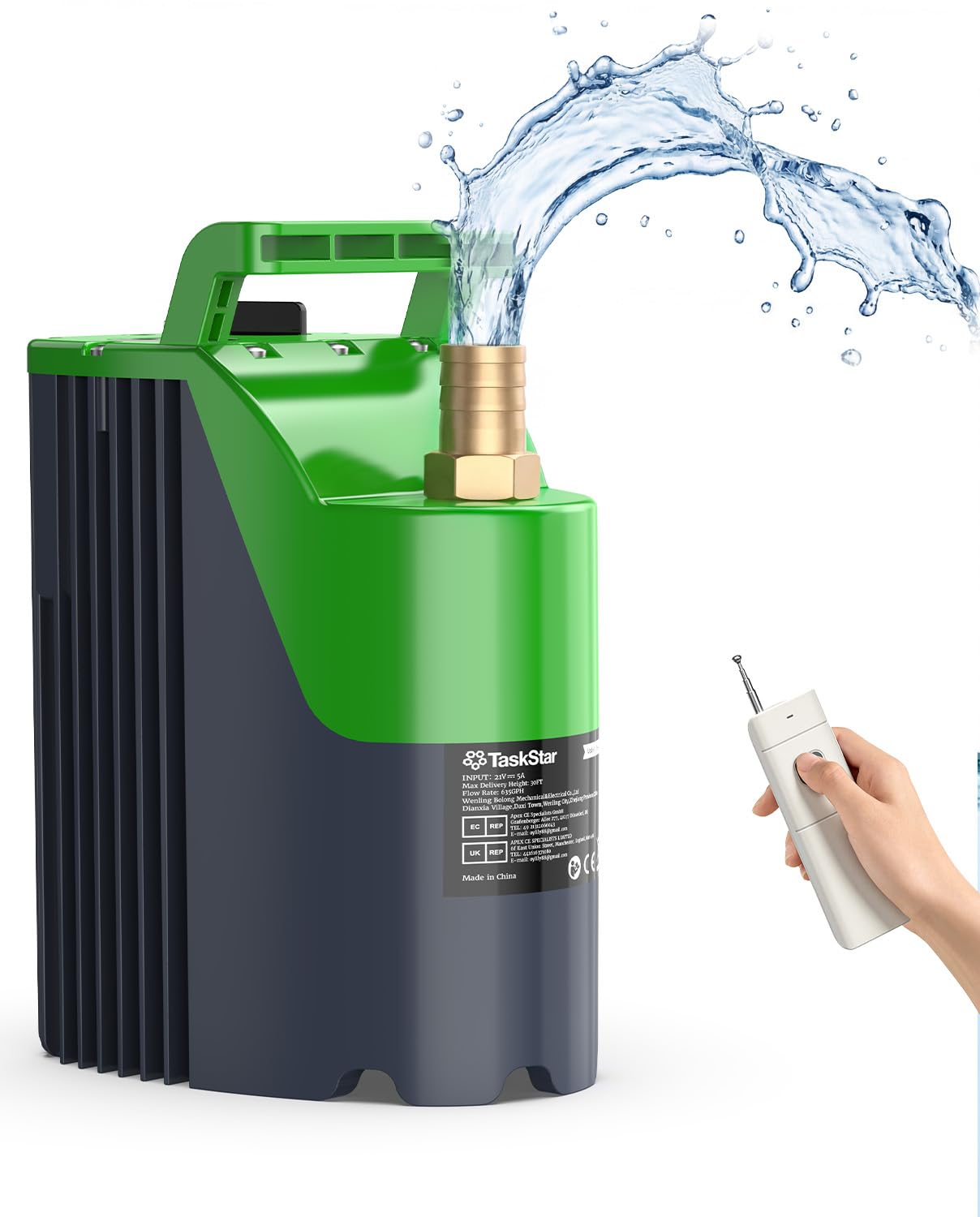 TaskStar Cordless Submersible Water Pump, Portable Battery Powered Utility Transfer Pump with Remote Control, 60-Min Runtime, 30FT Lift for Pool Cover, Hot Tub, Basement and Garden