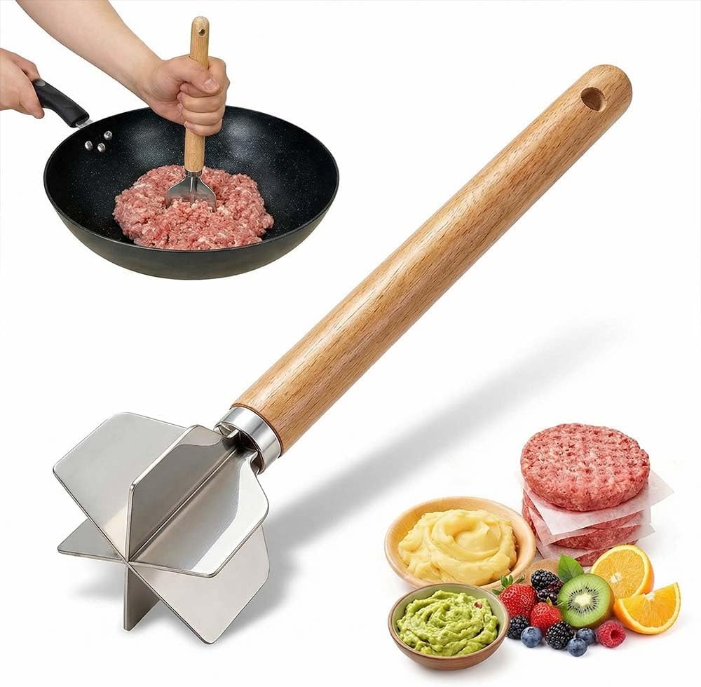 Skiennix 304 Stainless Steel Meat Chopper - 6 Blade Ground Beef Masher with Wooden Handle | Versatile Kitchen Tool