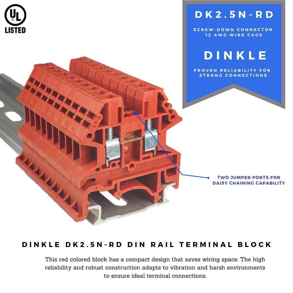 DIN Rail Terminal Blocks Kit by International Connector 20 Dinkle DK2.5N DIN Terminal Block Connectors 12-22 AWG Gauge 20A 600V, Ground Blocks, Jumpers, End Covers, End Brackets on 8'' Aluminum Rail