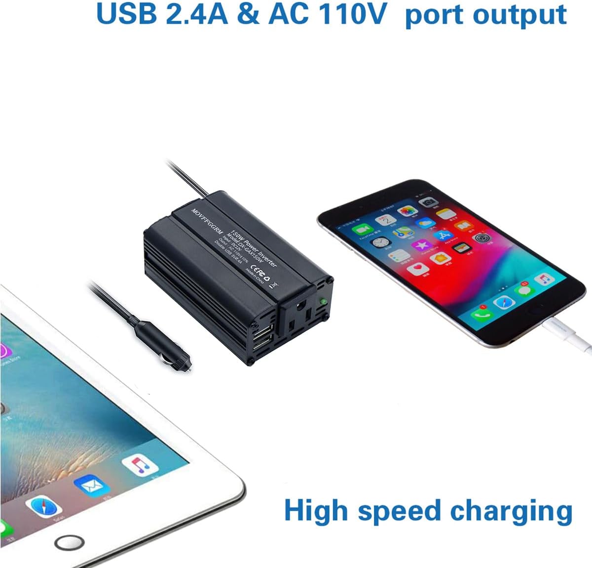 MOVFFGGRM 150W 12V 110V 2.4A Power Inverter DC to AC Car Plug Adapter Outlet Converter with Dual USB AC car Charger