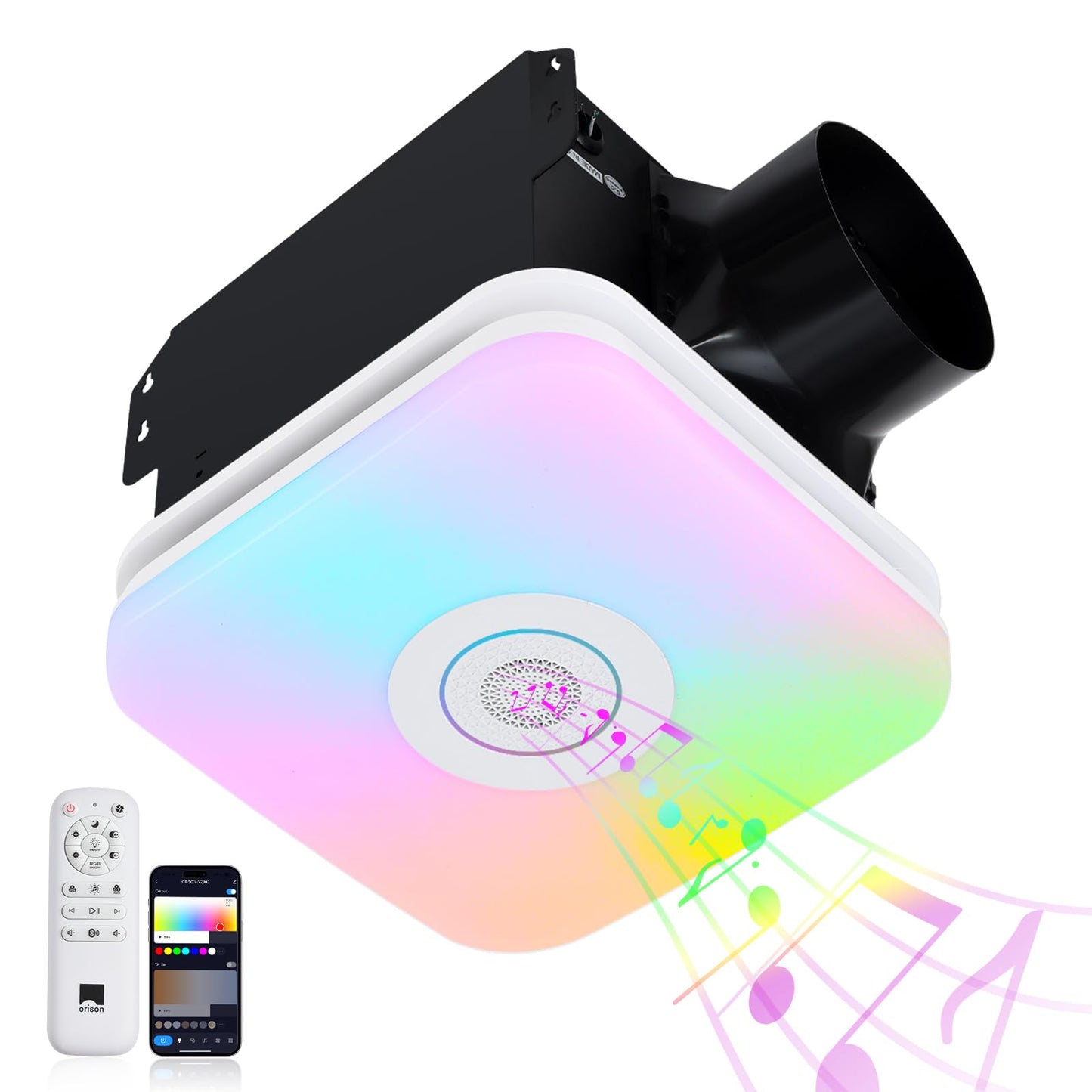 Orison Bathroom Exhaust Fan with Bluetooth Speaker, 110 CFM 1.0 Sone, bathroom vent fan featuring Light with 3 Color Temperatures, RGB Music Light, Nightlight, Remote Control, EZ Install