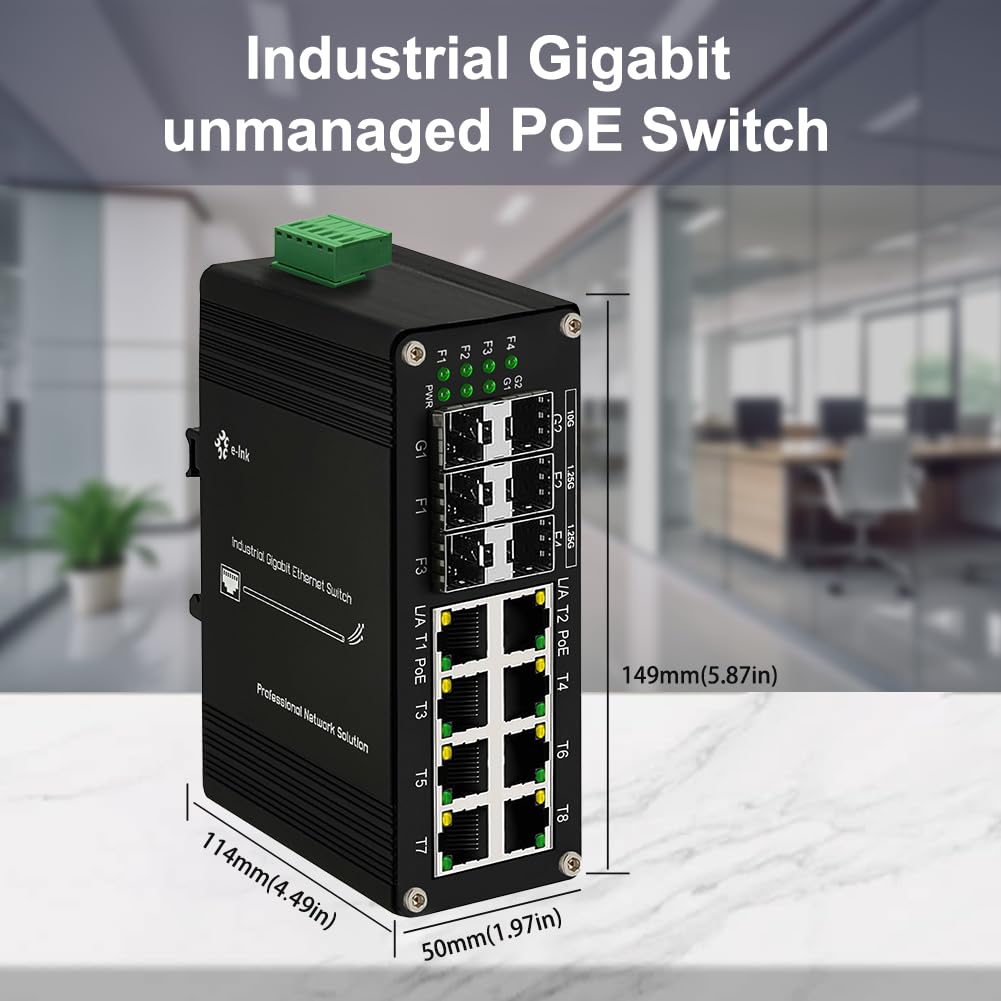 Industrial 8-Port Gigabit Ethernet Plus Switch with 2x10G SFP+ and 4x1.2.5G SFP, 10/100/1000Mbps, DIN Rail Mount Unmanaged Ethernet Fiber Switch