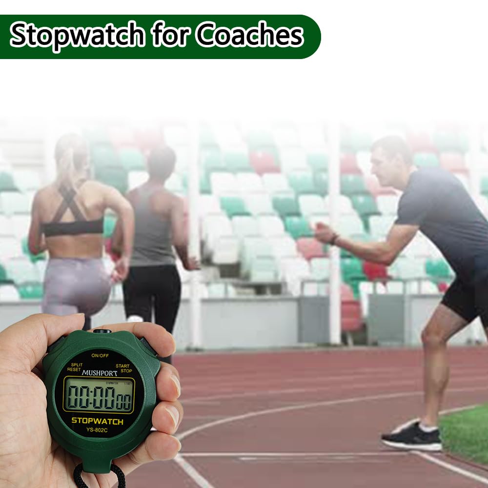 MUSHPORT Stopwatch Timer Only Stopwatch Mode, ON/Off Silent Large Display Simple Operation, Without Clock Date Countdown, Digital Stop Watch for Sports Kids Coaches, Green