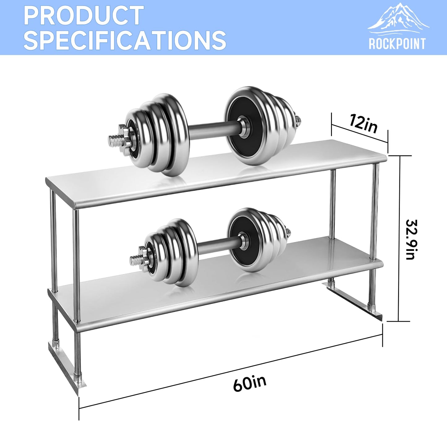 ROCKPOINT Stainless Steel overshelf for Prep Work Table 12" D x 60" W,Commercial Double Overshelf in Kitchen, Home,Restaurant,Garage with countertop Capacity 400lb