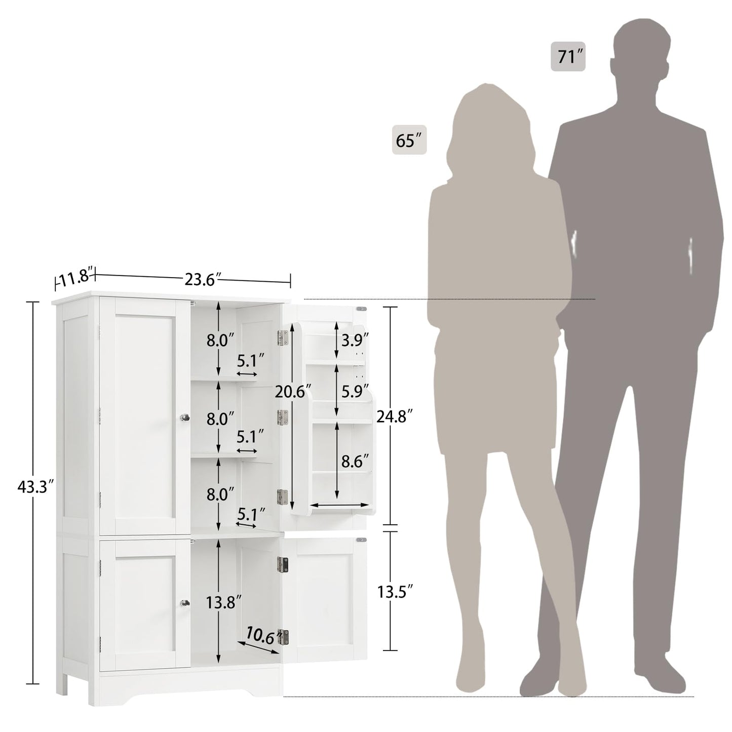 TEENFON 43'H Pantry Cabinet with 4 Doors, Kitchen Cabinet with 6 Door Shelves, Storage Cabinet-Kitchen Pantry for Living Room, Dining Room, Bathroom, White