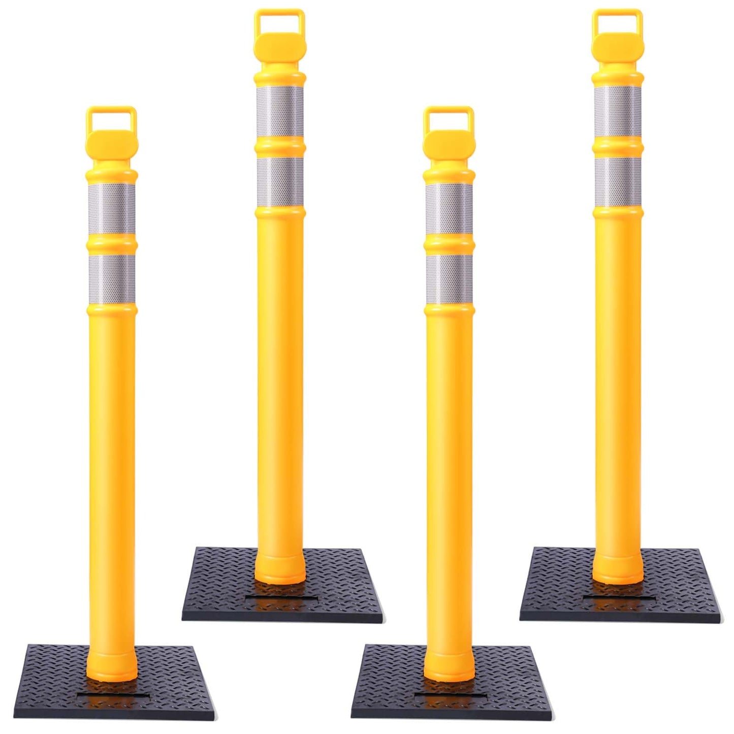 Kanayu 49 Inch Traffic Delineator Posts with 8.8 Lbs Rubber Base PE Delineator Post Portable Parking Pole Traffic Cone Barrier with Removable Base, Reflective Band(4 Packs,Yellow)