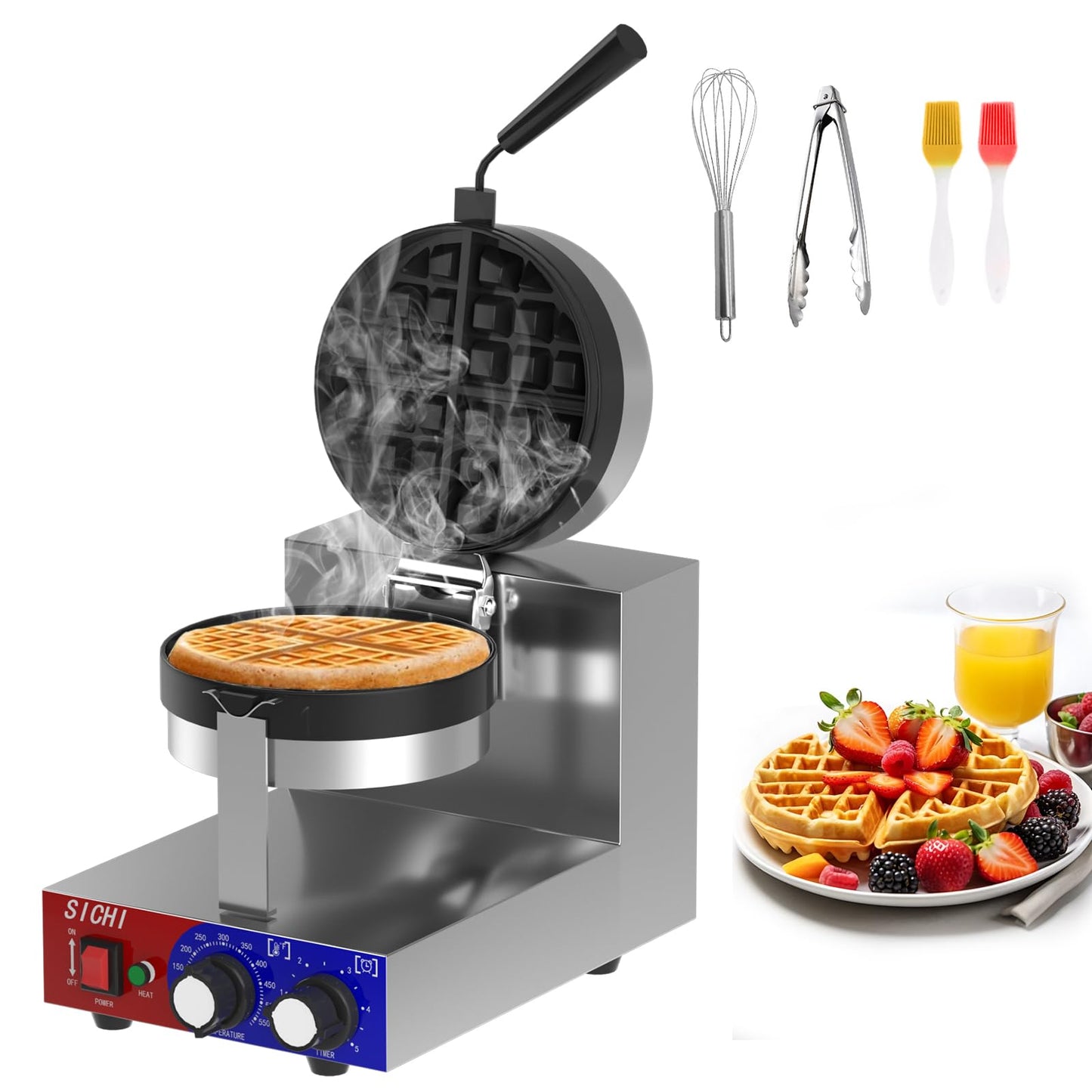 HTTSICHI Commercial Waffle Maker - Belgian Waffle Maker w/Non-stick Baking Pan and 550℉ Heating, 1200W Rotating Waffle Iron for 1.2" Thick, Stainless Steel Round Waffle Machine for Restaurant