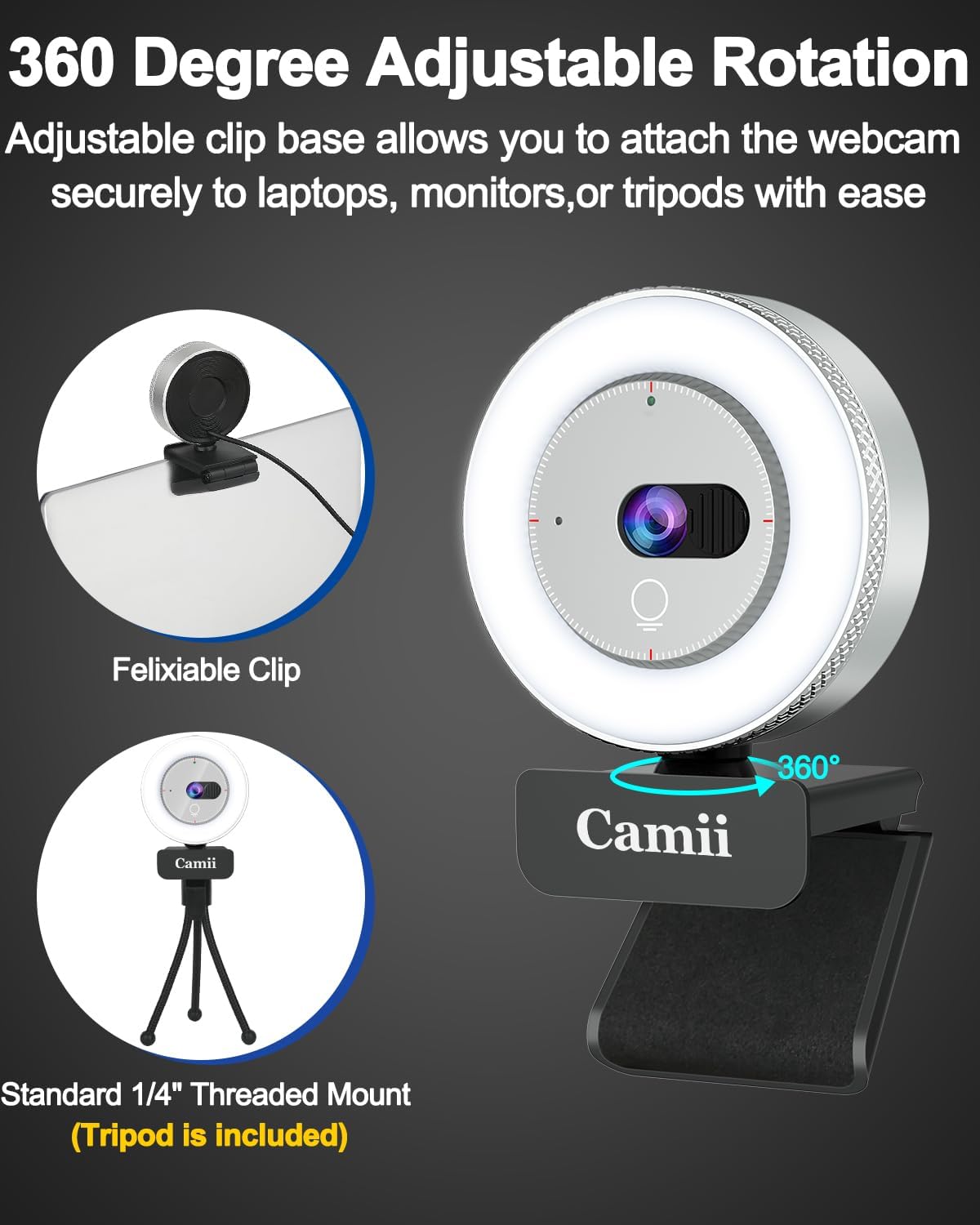 Camii 2K Webcam with Light, HD Webcam for PC with Built-in Privacy Cover, Adjustable Brightness, Noise Reduction Mics