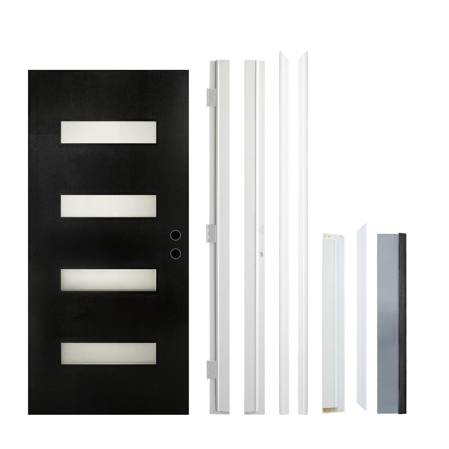 Fiberglass Entry Door Left Hand Inswing, 36 x 80, 4 Lite Frosted Glass 4-9/16 in. Vinyl Frame, Contemporary Style for Home's Front Entrance, Black Finished Knock-Down Entry Door